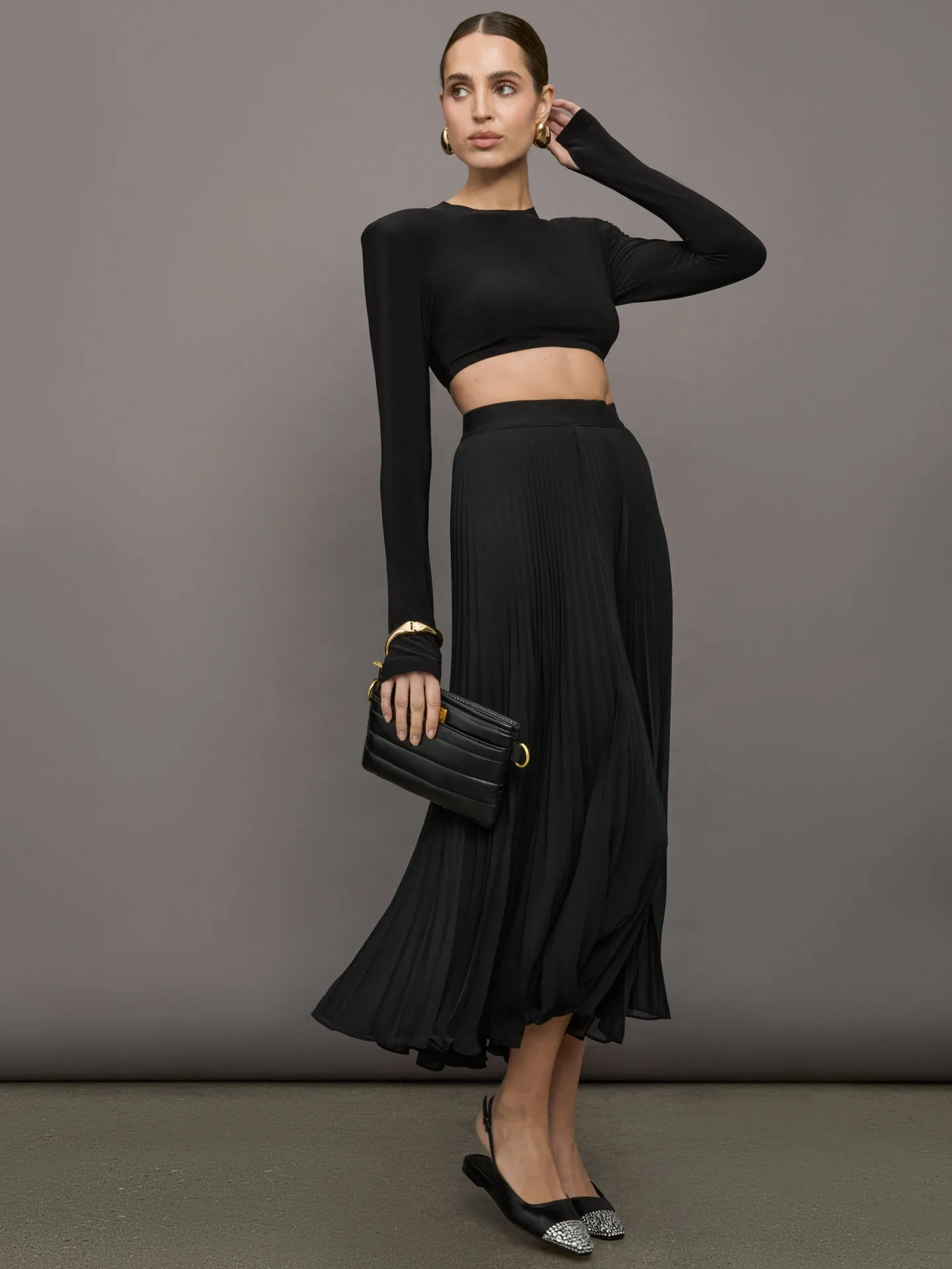 Cropped Shoulder Pad Long Sleeve Crew Top - Black sold by Carbon38 product image thumbnail 2