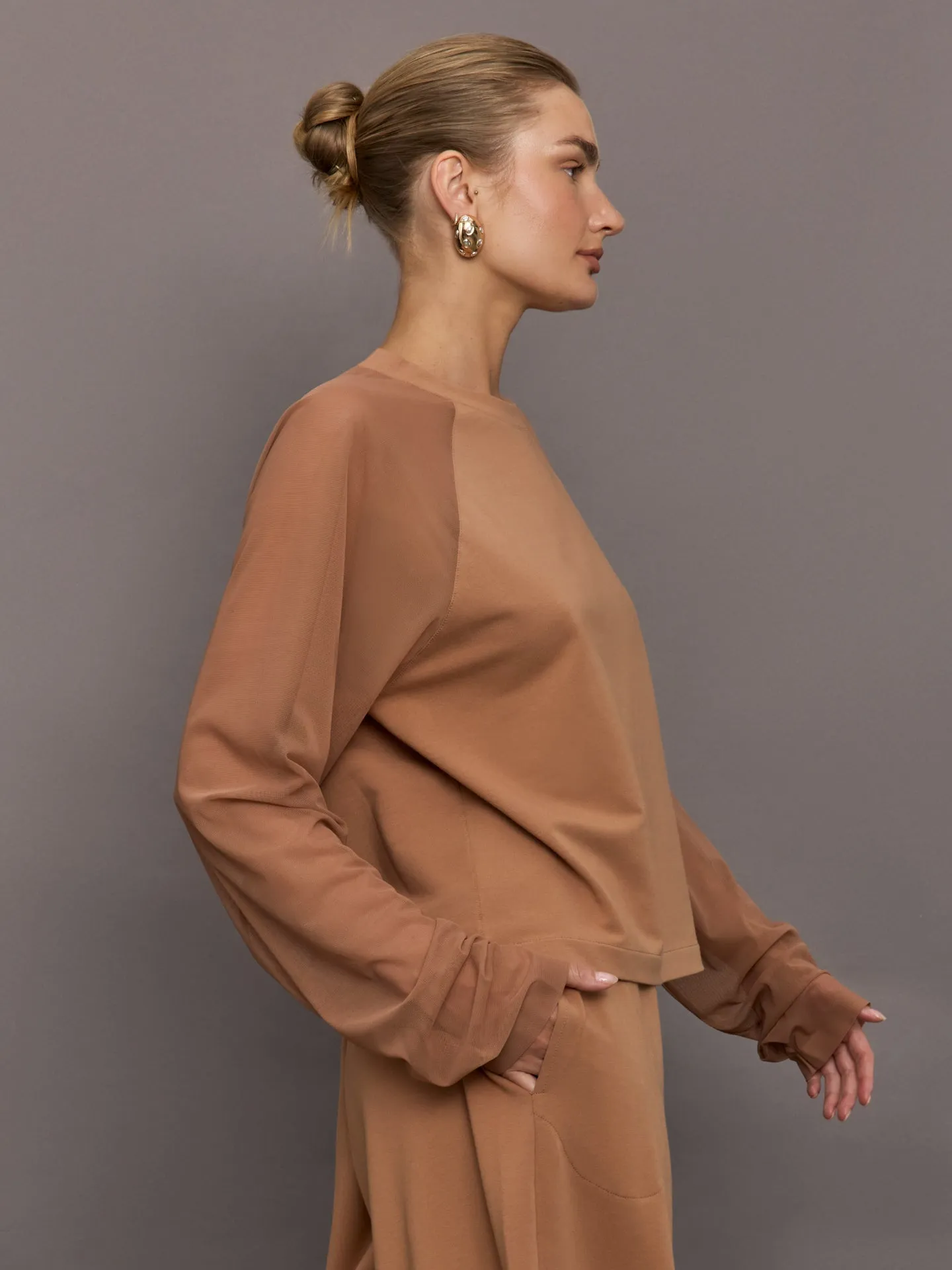 Oversized Raglan Sleeve Top W/ Mesh - Cappuccino sold by Carbon38 product image thumbnail 3