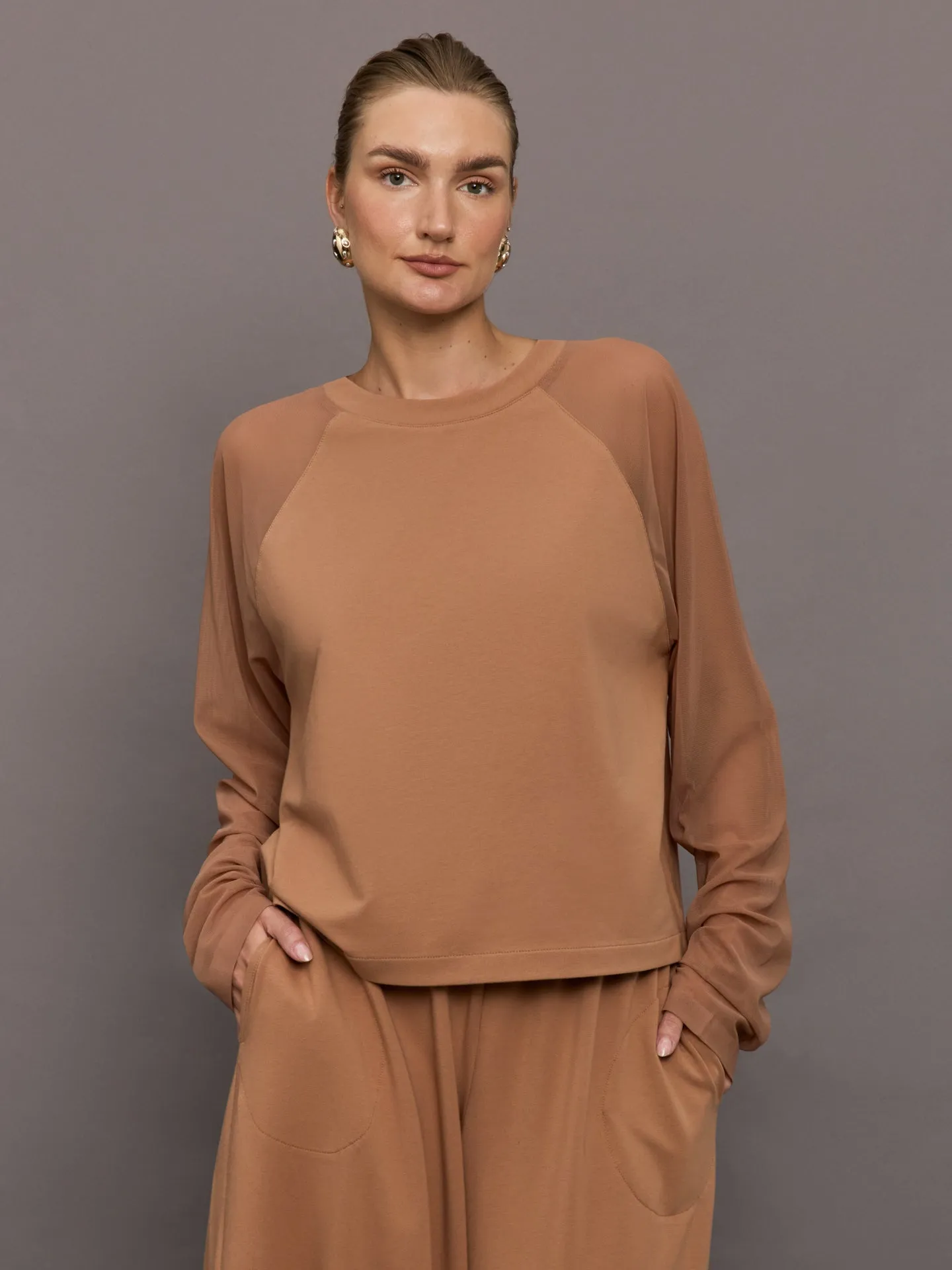 Oversized Raglan Sleeve Top W/ Mesh - Cappuccino sold by Carbon38