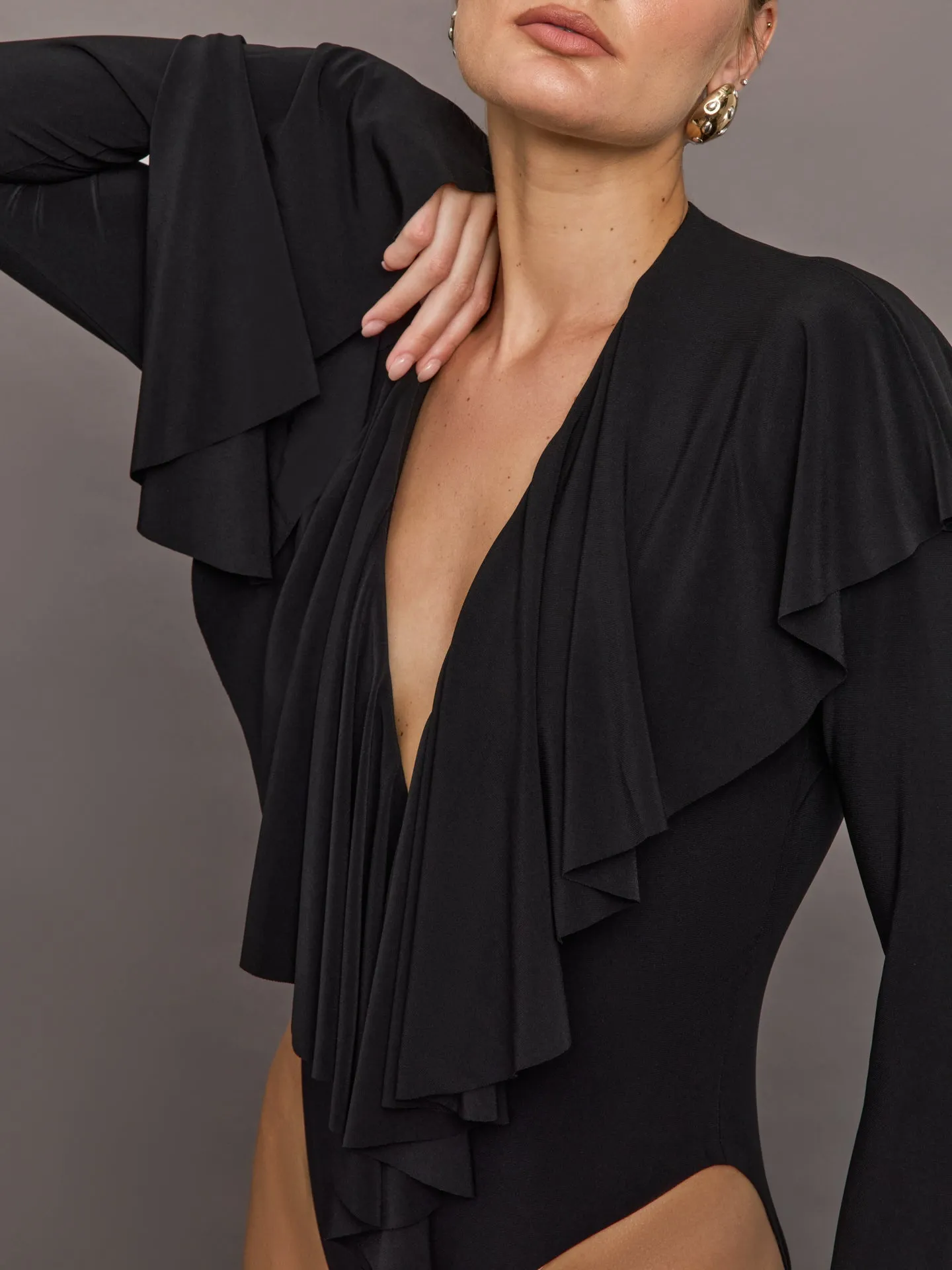 Long Sleeve Deep V Ruffle Bodysuit - Black sold by Carbon38 product image thumbnail 4