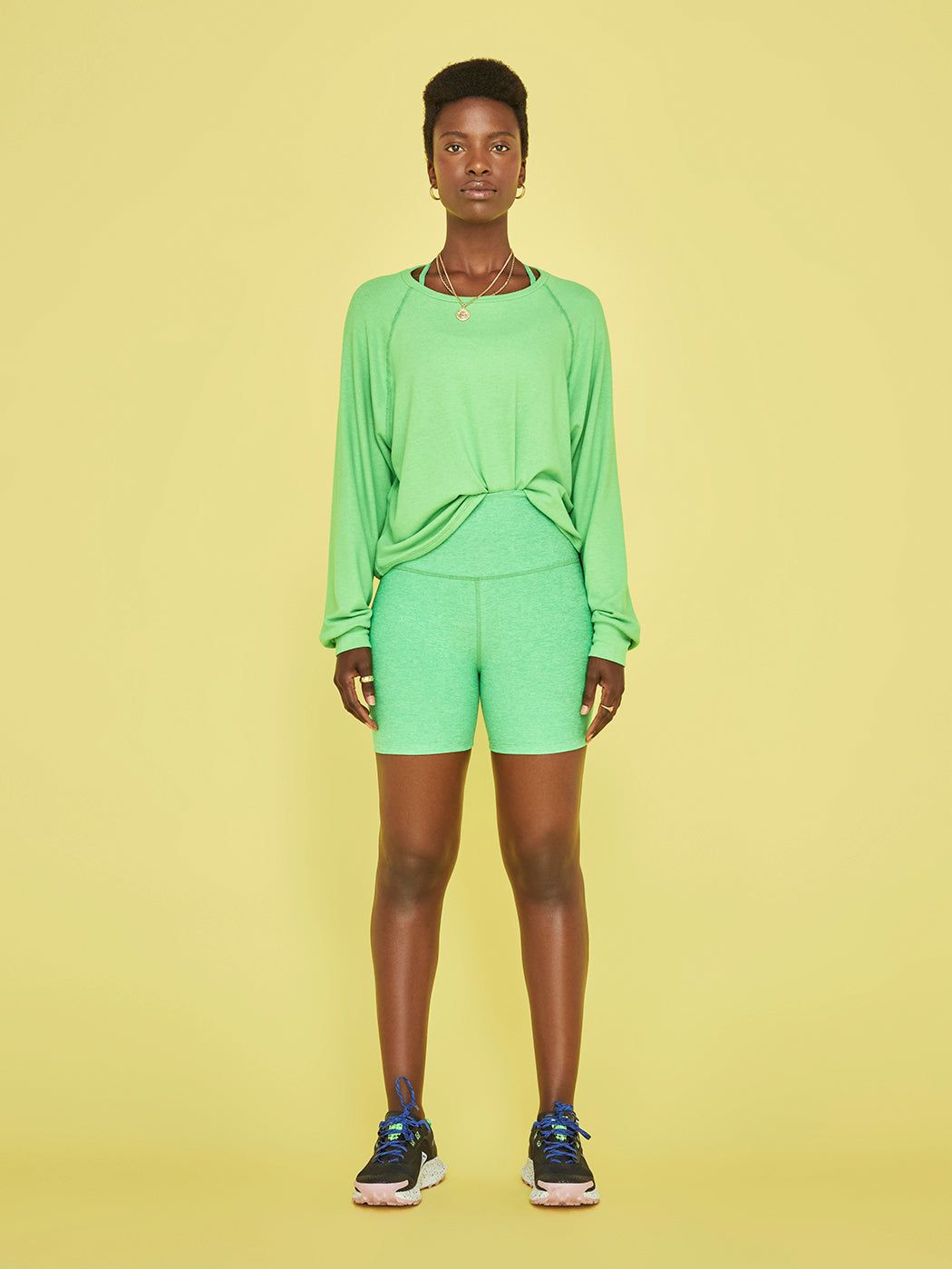 Spacedye Keep Pace Biker Short - Honeydew Pop Heather sold by Carbon38