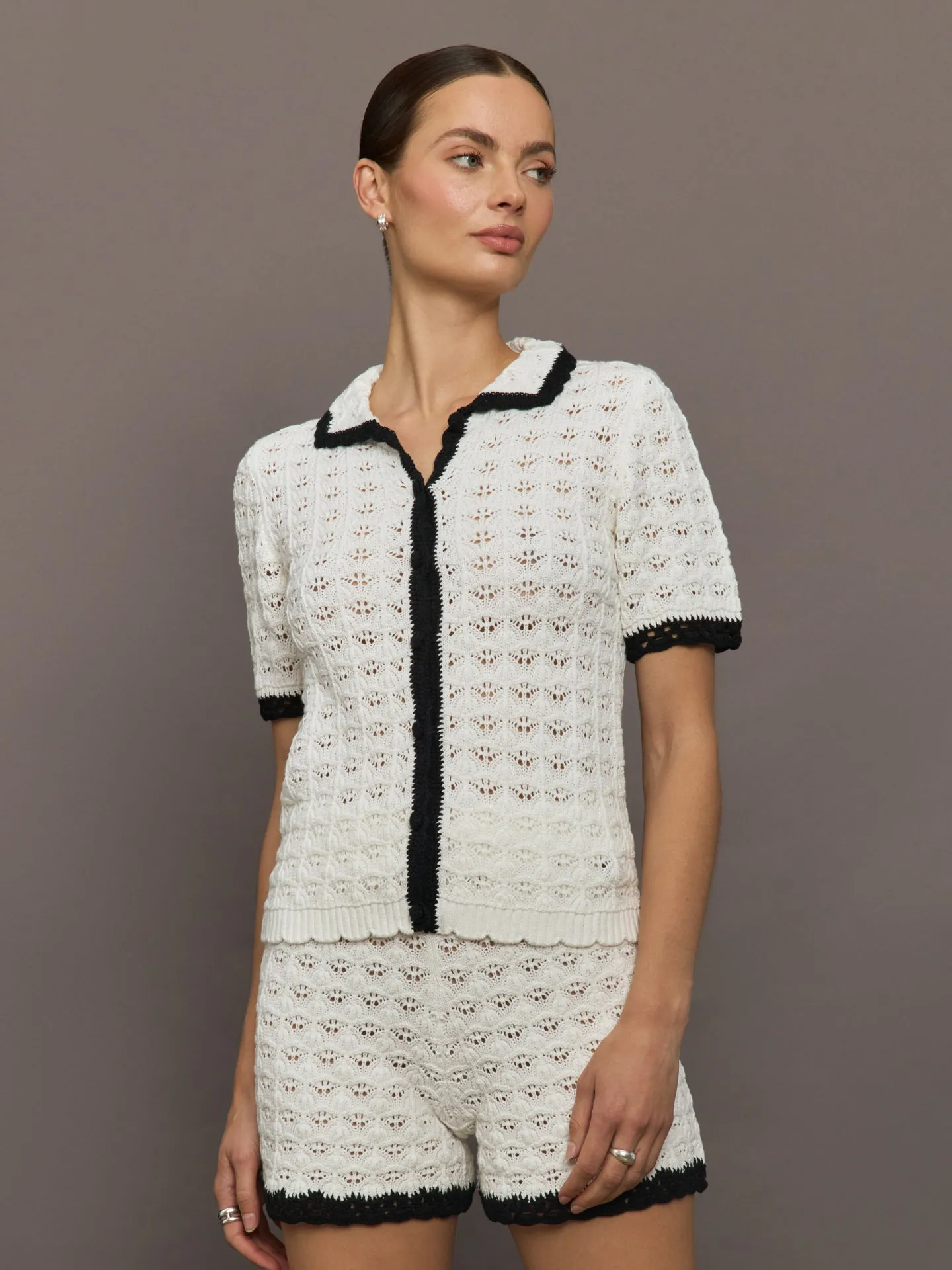 Crochet Button Front Top - White/Black sold by Carbon38