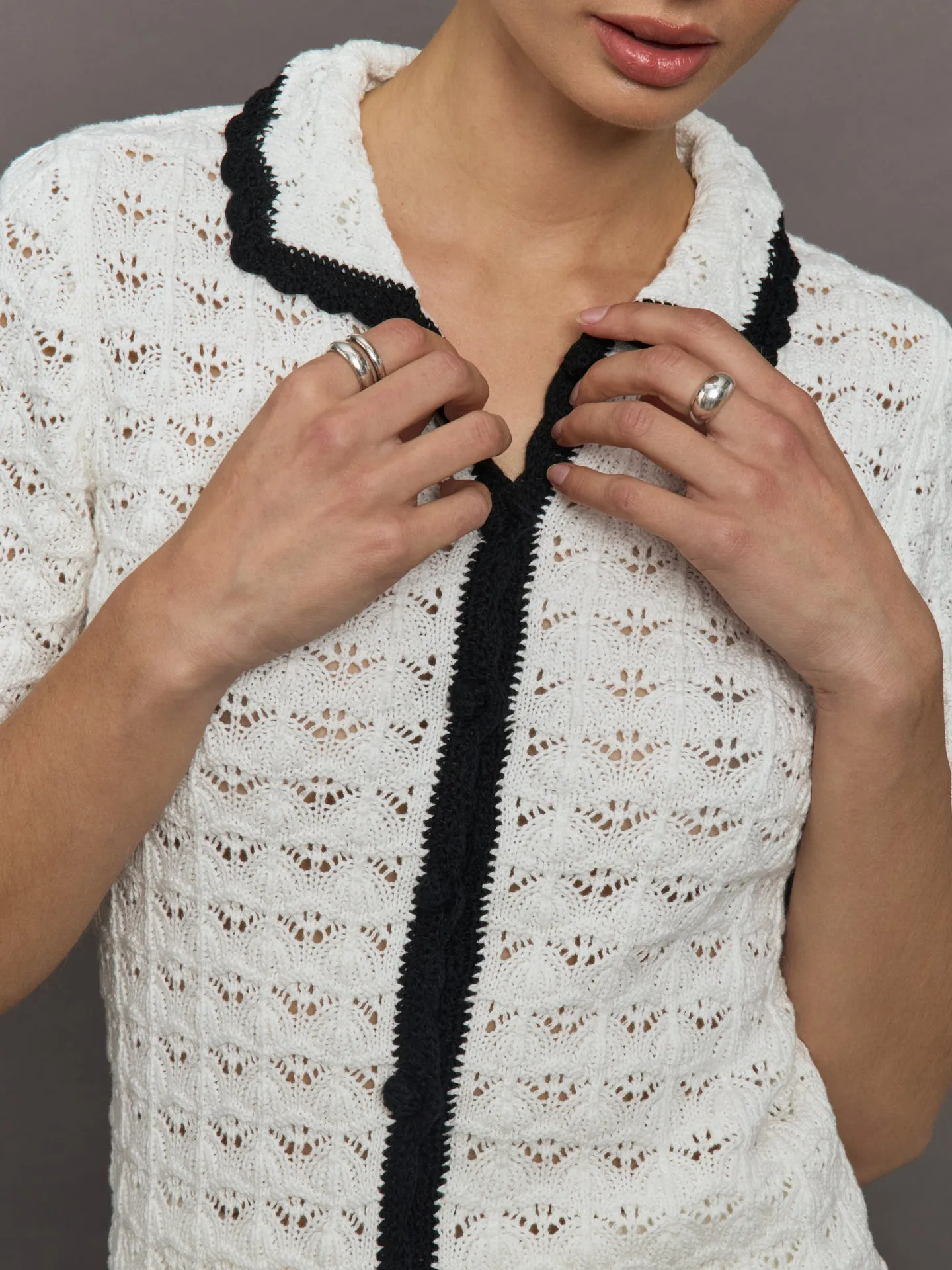 Crochet Button Front Top - White/Black sold by Carbon38 product image thumbnail 5