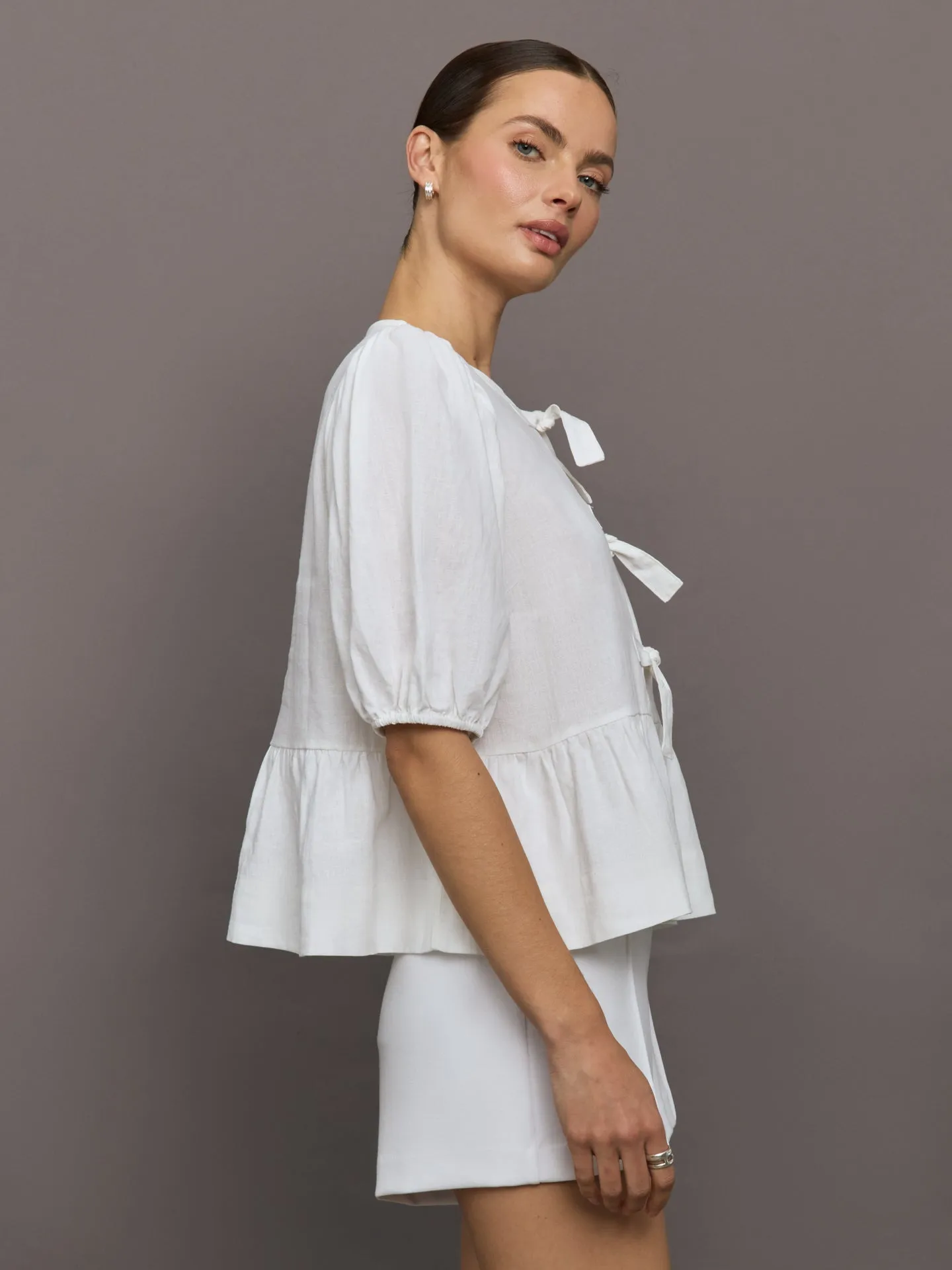 Linen Tie Puff Sleeve Top - White sold by Carbon38 product image thumbnail 3