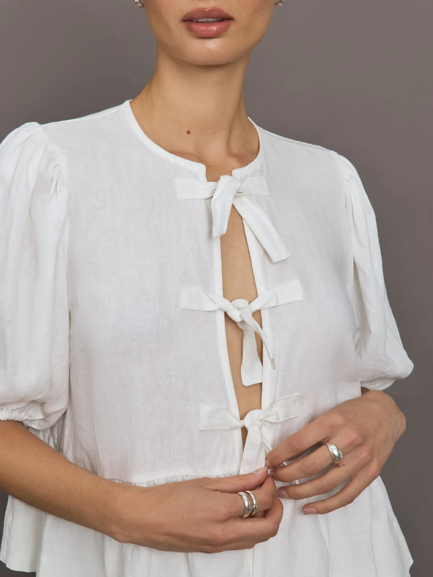 Linen Tie Puff Sleeve Top - White sold by Carbon38 product image thumbnail 5