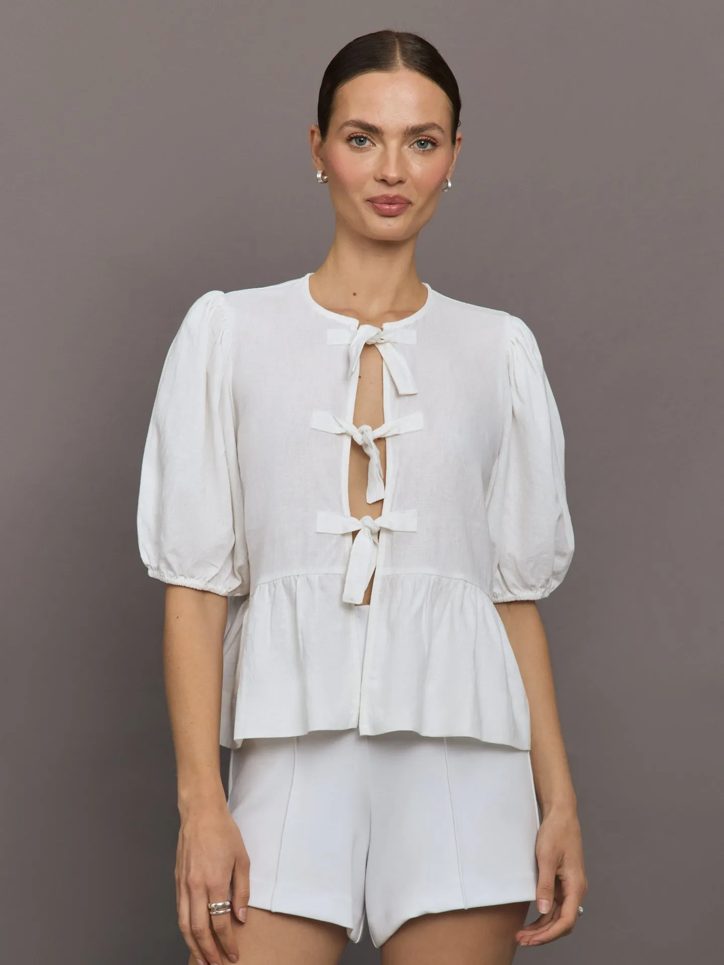 Linen Tie Puff Sleeve Top - White sold by Carbon38