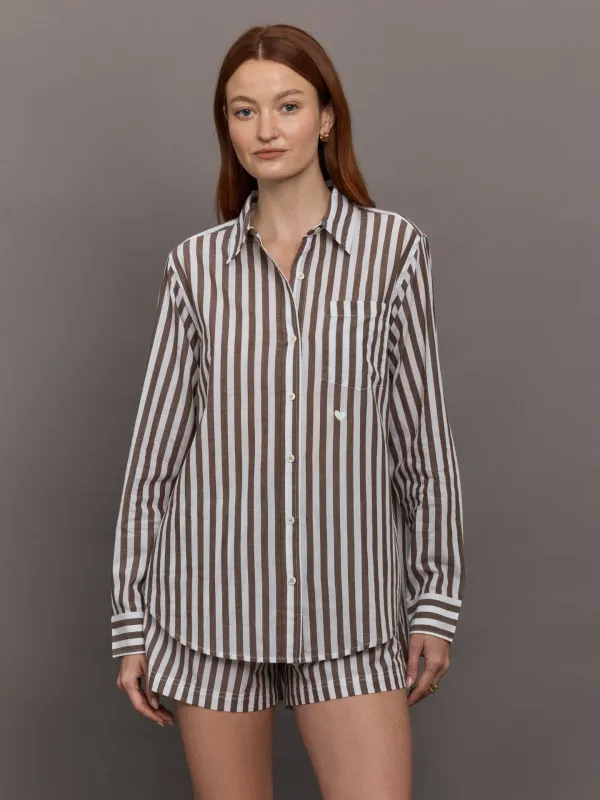 Mia Stripe Shirt - Brown/White sold by Carbon38