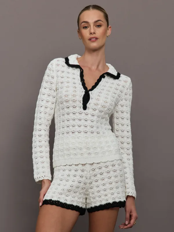 Crochet Long Sleeve Polo Top - Ivory sold by Carbon38