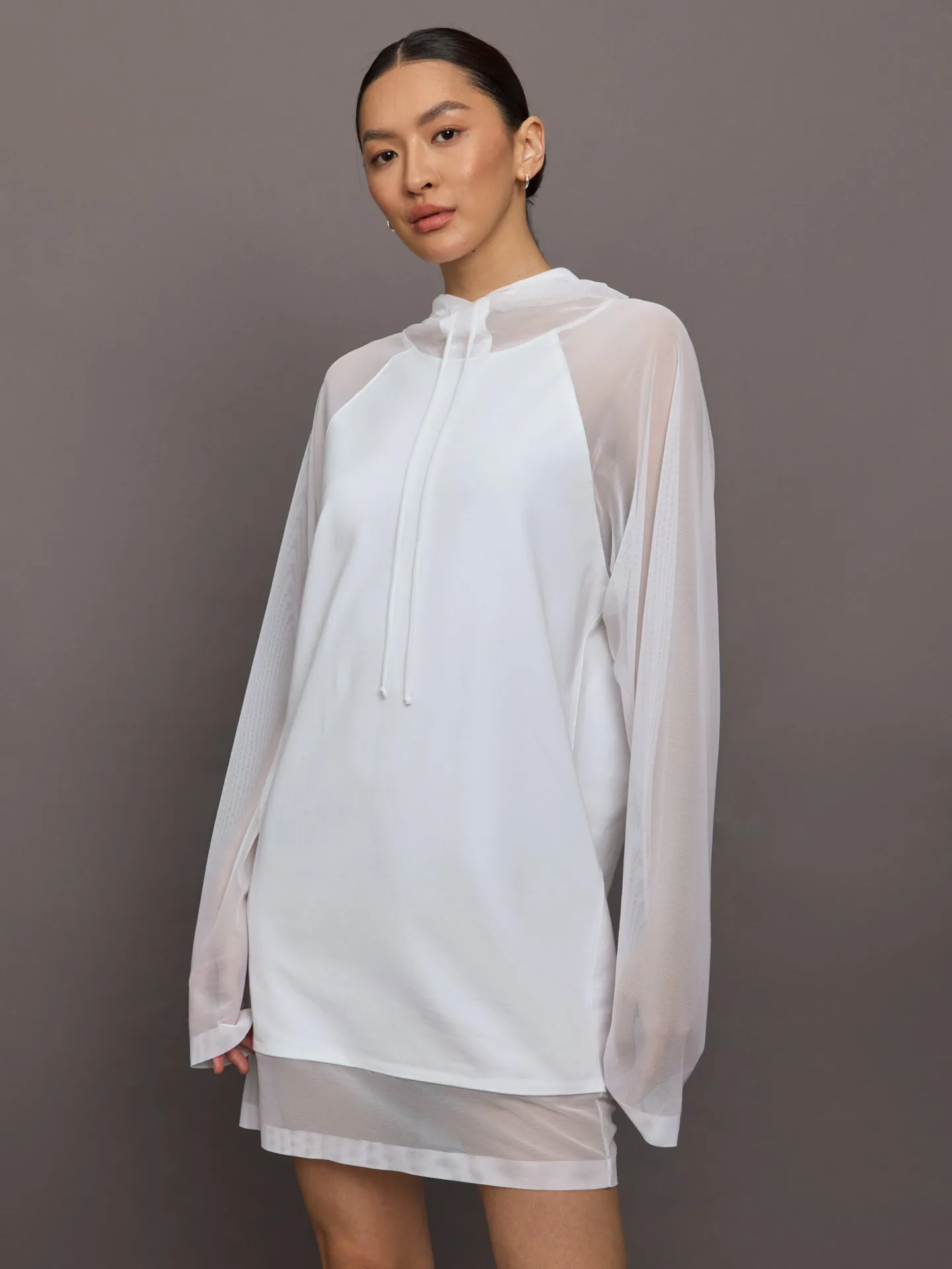 Oversized Raglan Sleeve hooded Mini Dress W Mesh - Snow White sold by Carbon38