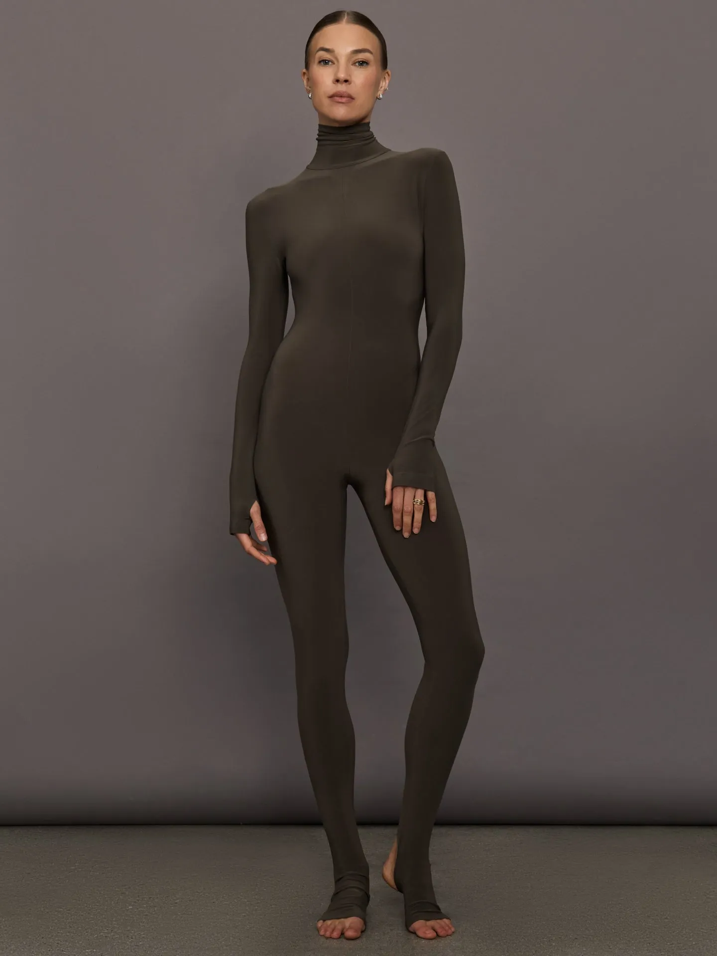 Long Sleeve Slim Fit Turtle Catsuit W/Footie - Bark sold by Carbon38