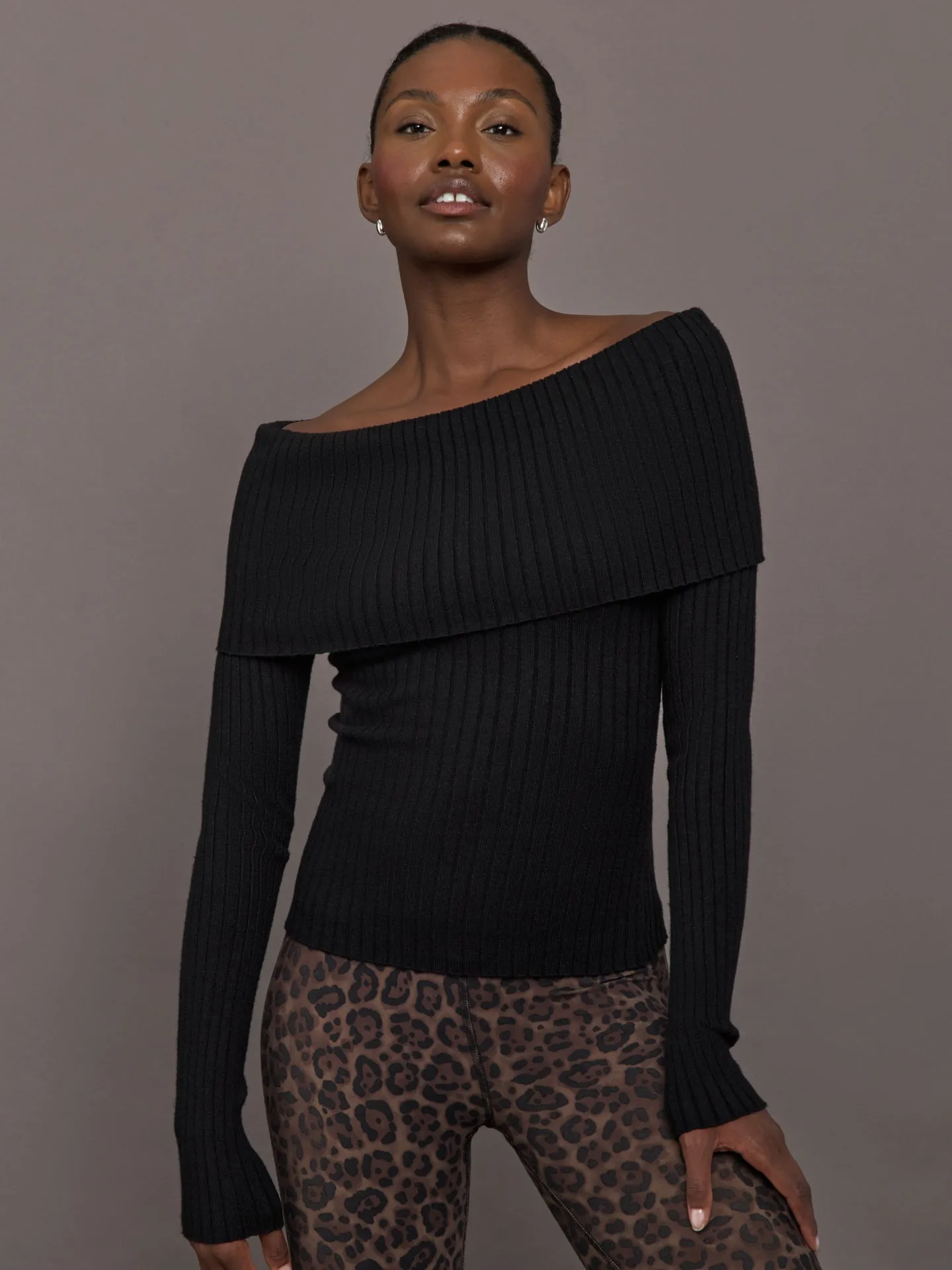 Off Shoulder Fold Over Sweater - Black sold by Carbon38