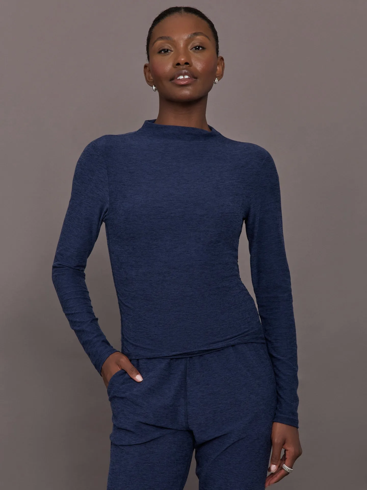 Mock Neck Long Sleeve in Soft Luxe - Heather Navy Blazer sold by Carbon38