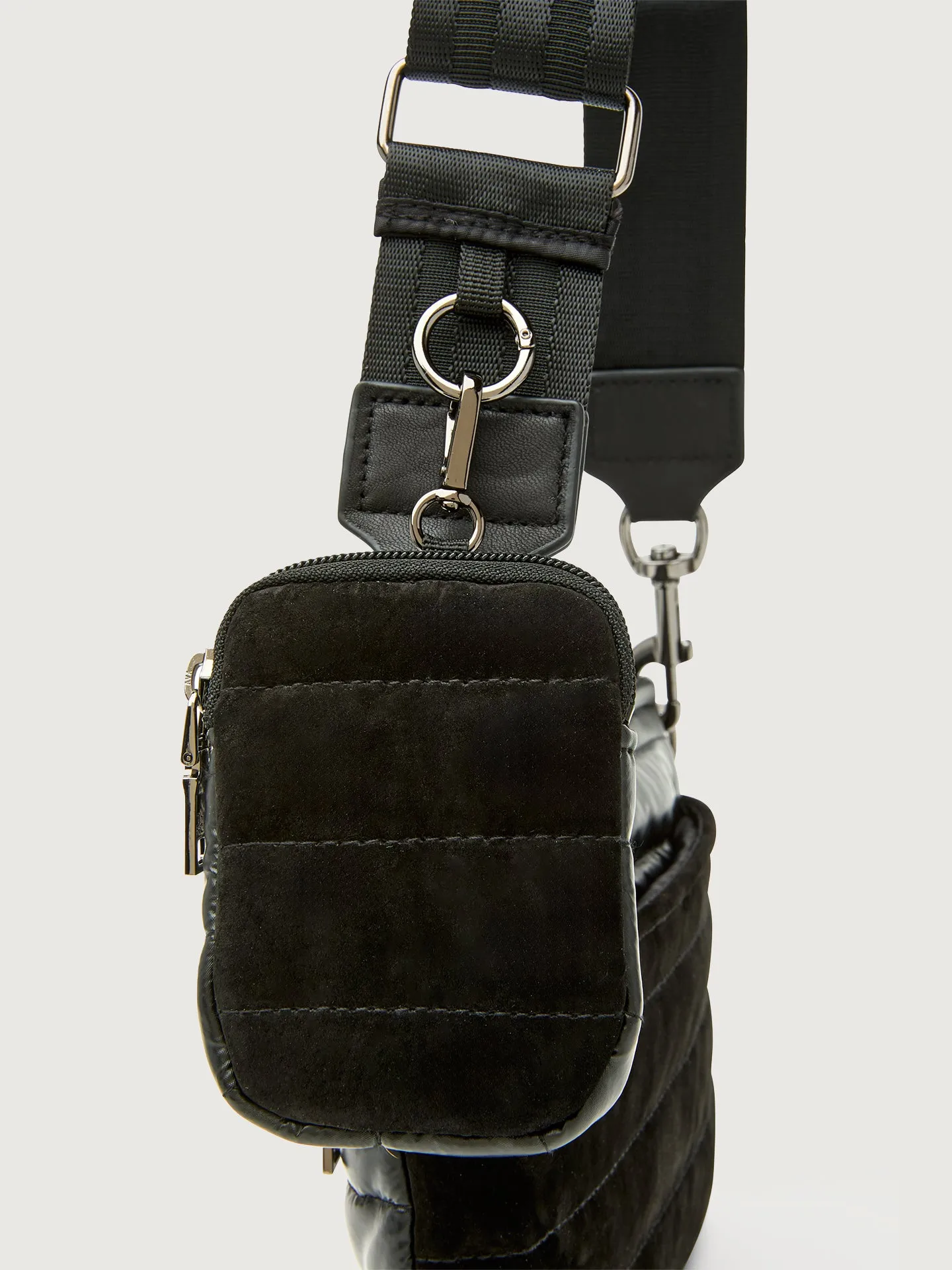 Downtown Crossbody - Black Suede & Pearl Black/Black Web Gunmetal Hardware sold by Carbon38 product image thumbnail 4