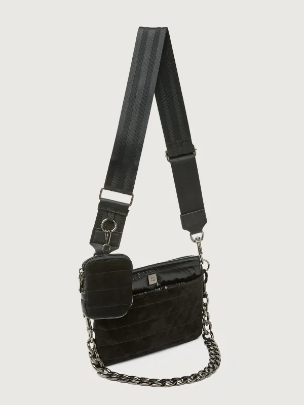 Downtown Crossbody - Black Suede & Pearl Black/Black Web Gunmetal Hardware sold by Carbon38
