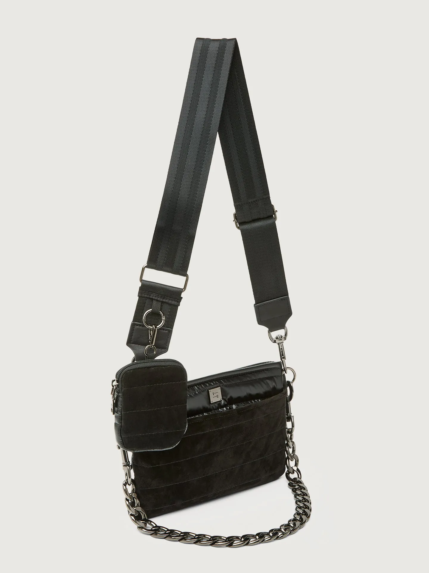 Downtown Crossbody - Black Suede & Pearl Black/Black Web Gunmetal Hardware sold by Carbon38