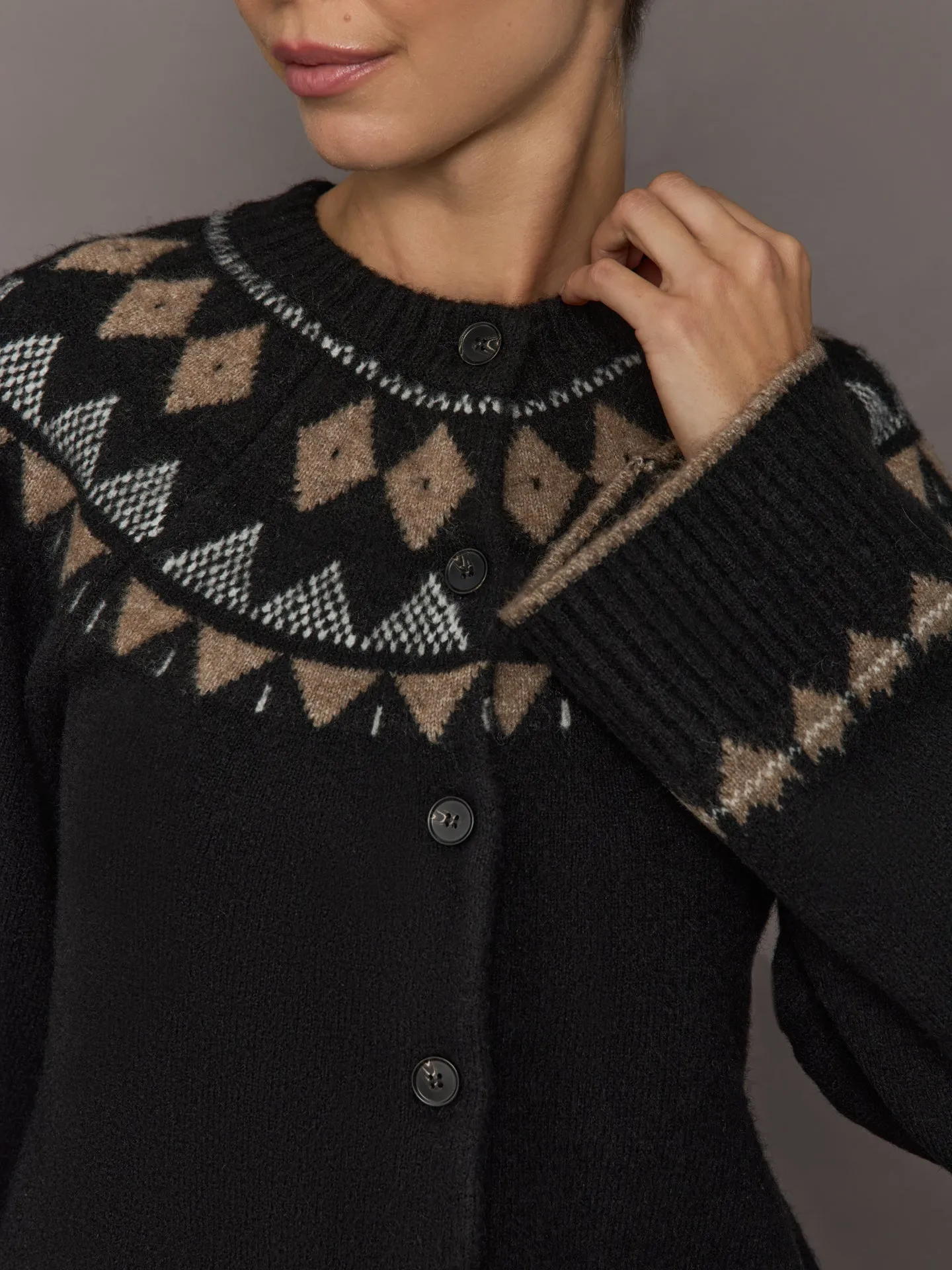 Fairisle Bell Sleeve Sweater Cardigan - Black/Taupe/Cream sold by Carbon38 product image thumbnail 5