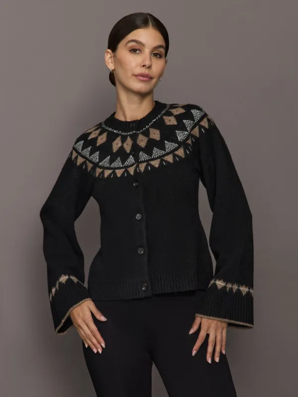 Fairisle Bell Sleeve Sweater Cardigan - Black/Taupe/Cream sold by Carbon38