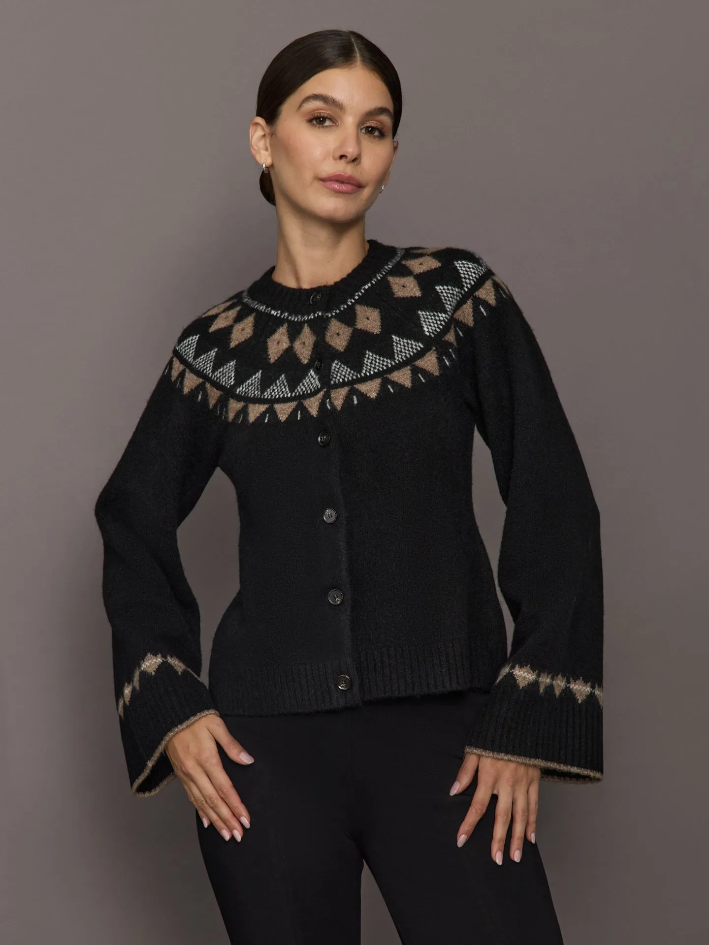 Fairisle Bell Sleeve Sweater Cardigan - Black/Taupe/Cream sold by Carbon38