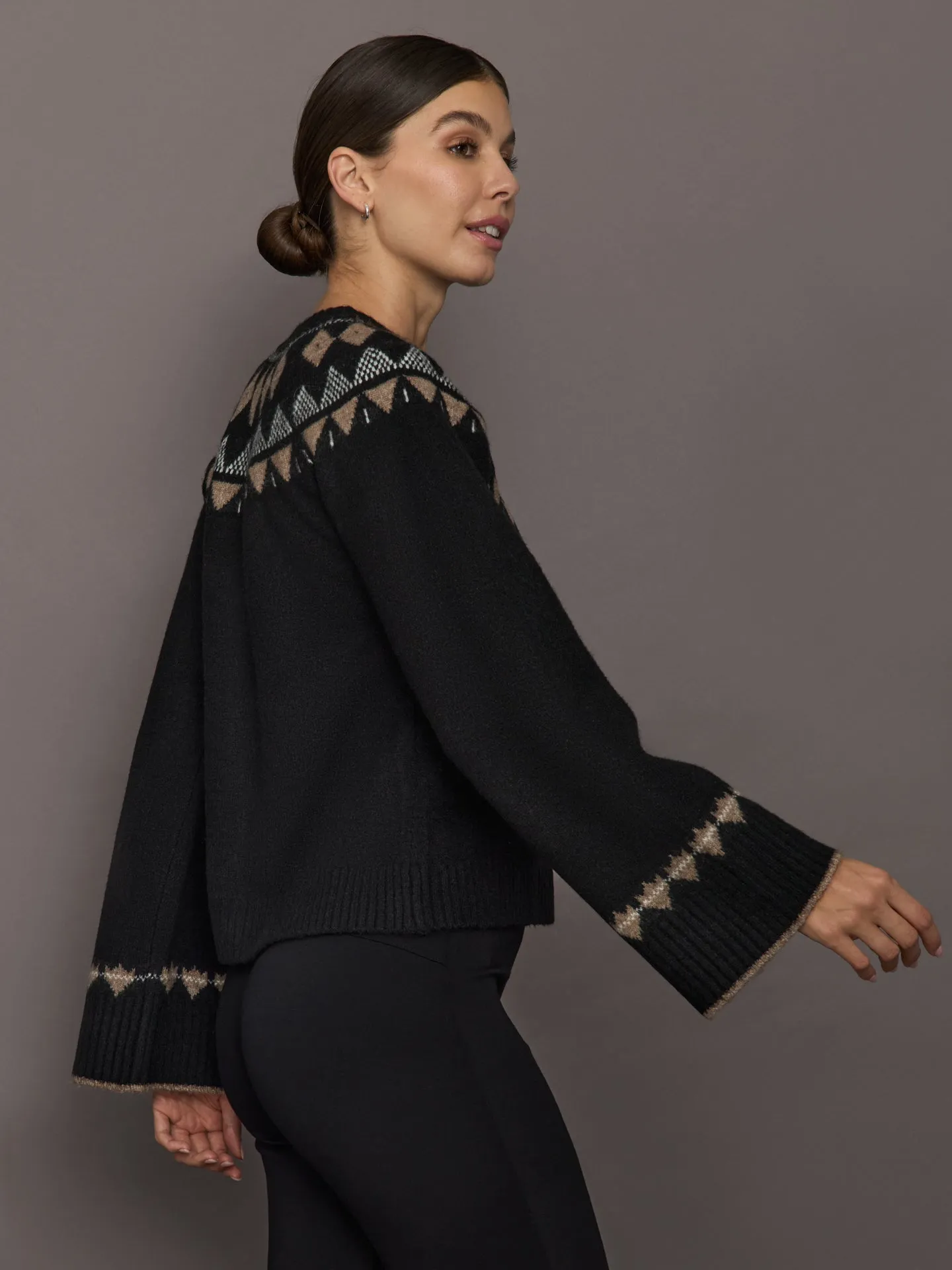 Fairisle Bell Sleeve Sweater Cardigan - Black/Taupe/Cream sold by Carbon38 product image thumbnail 4