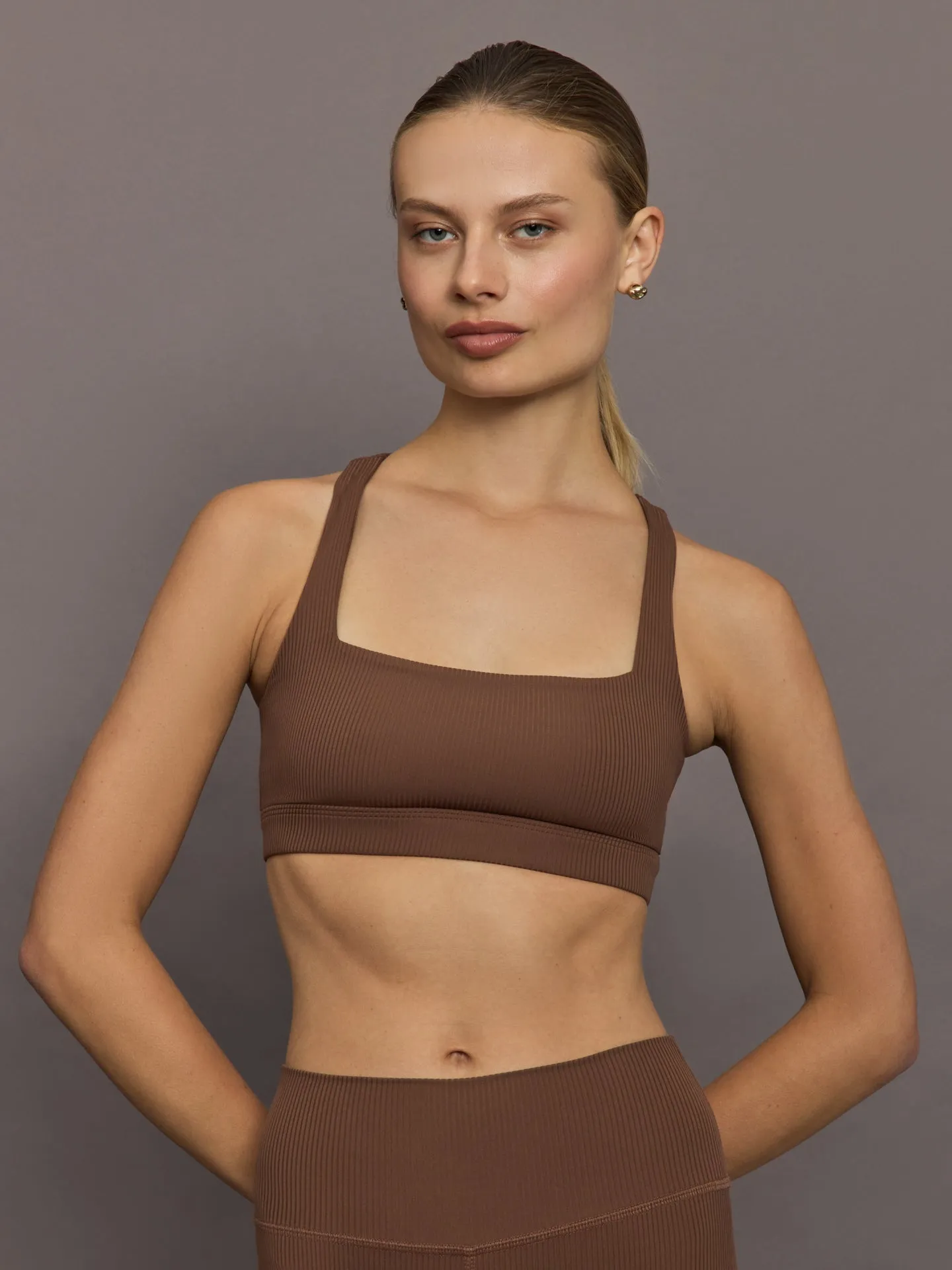 Racerback Bra in Ribbed Melt - Cocoa Brown sold by Carbon38