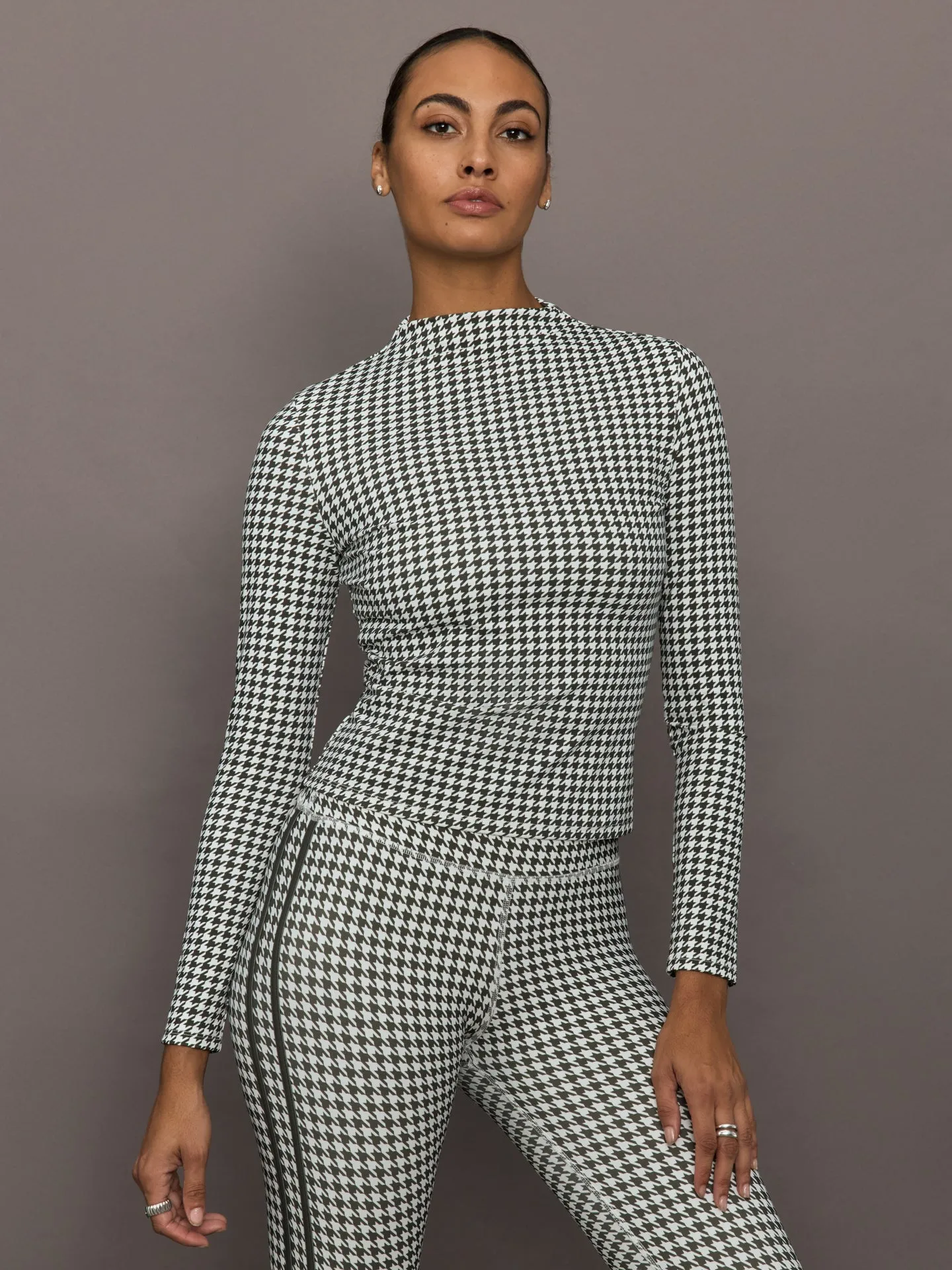 Houndstooth Mock Neck Top - Ivory / Faded Black sold by Carbon38