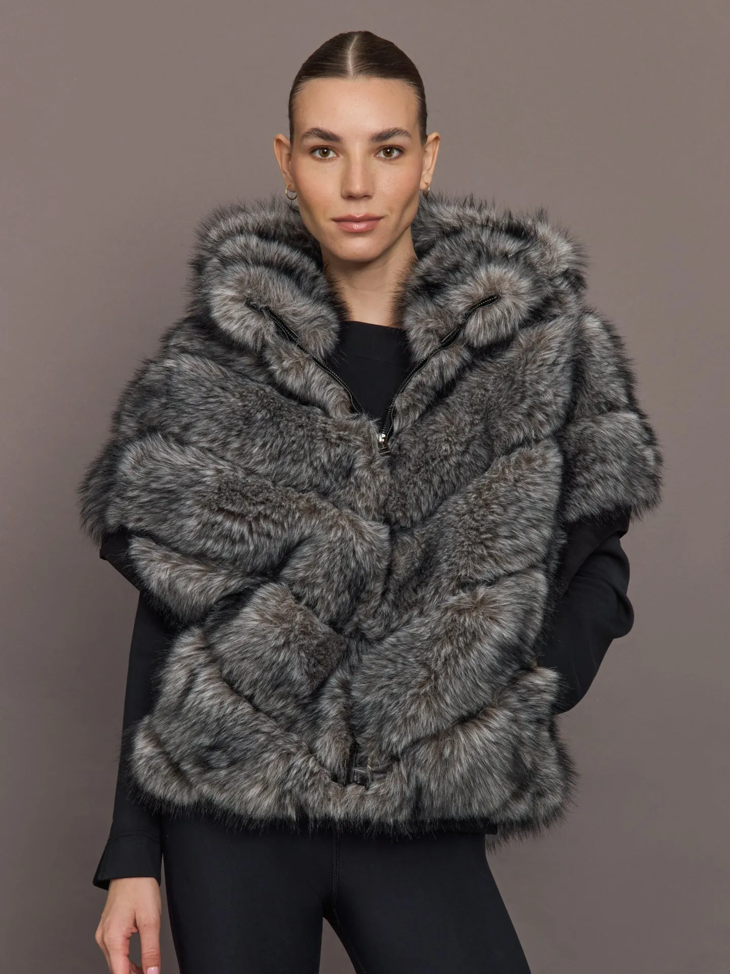 Faux Fox Hooded Chevron Short Sleeve Jacket - Grey sold by Carbon38