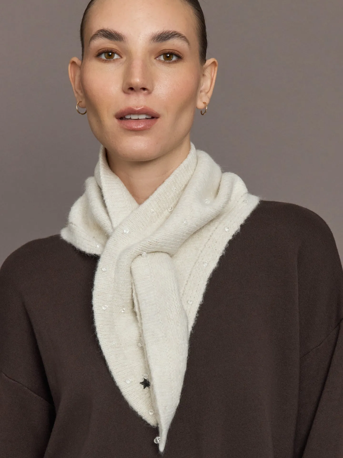 Knit Triangle Pull Thru Scarf with Hand Sewn Beands - Ivory sold by Carbon38