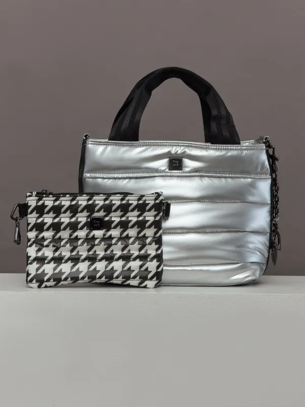 Escapade Tote - Pearl Silver and Houndstooth/ Black/Black Web sold by Carbon38