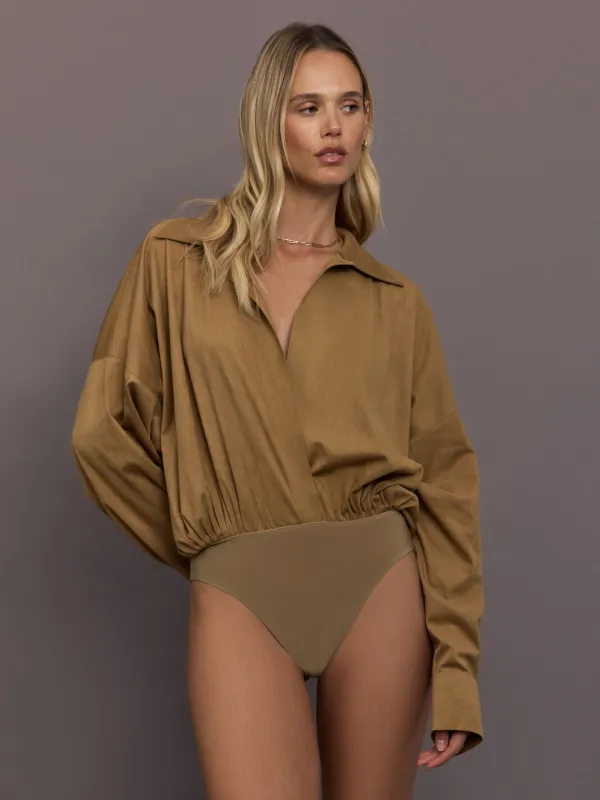Super Oversized Boyfriend Shirt Bodysuit - Camel sold by Carbon38