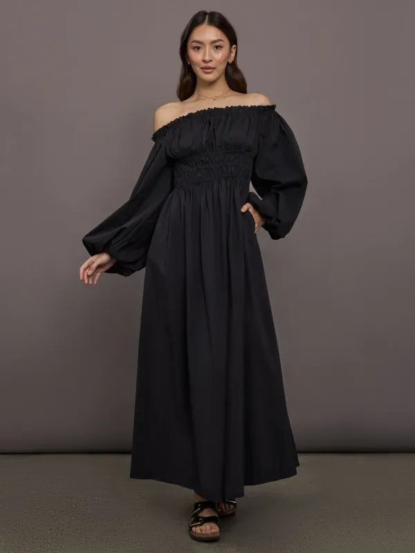 Raquela Off The Shoulder Ruffle Maxi Dress - Black sold by Carbon38