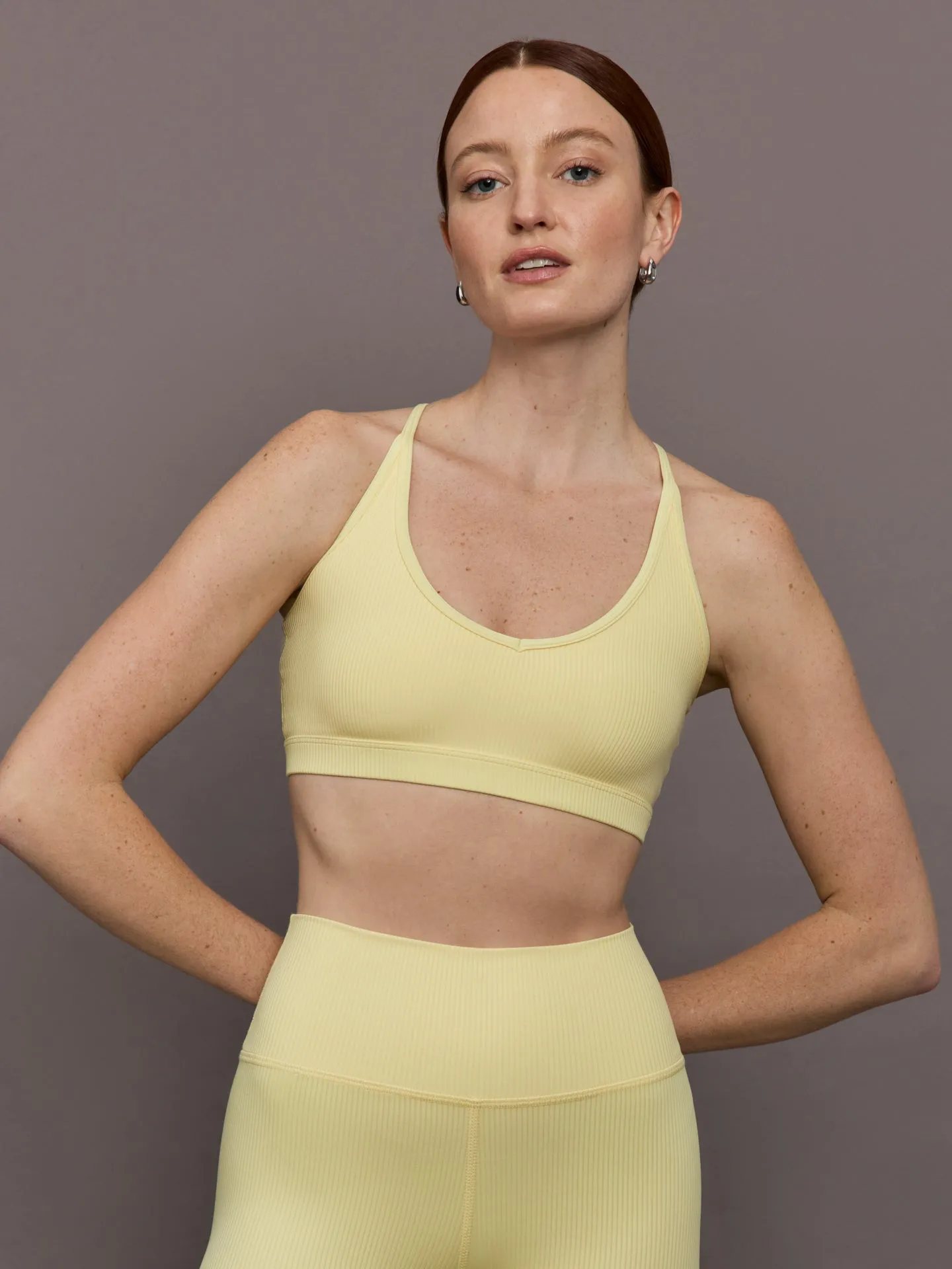 V-Neck Cross Back Bralette in Ribbed Melt - Banana sold by Carbon38