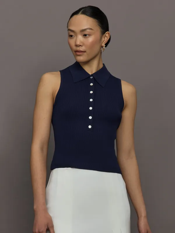 Nikki Johnny Collar Solid Tank - Dark Blue sold by Carbon38