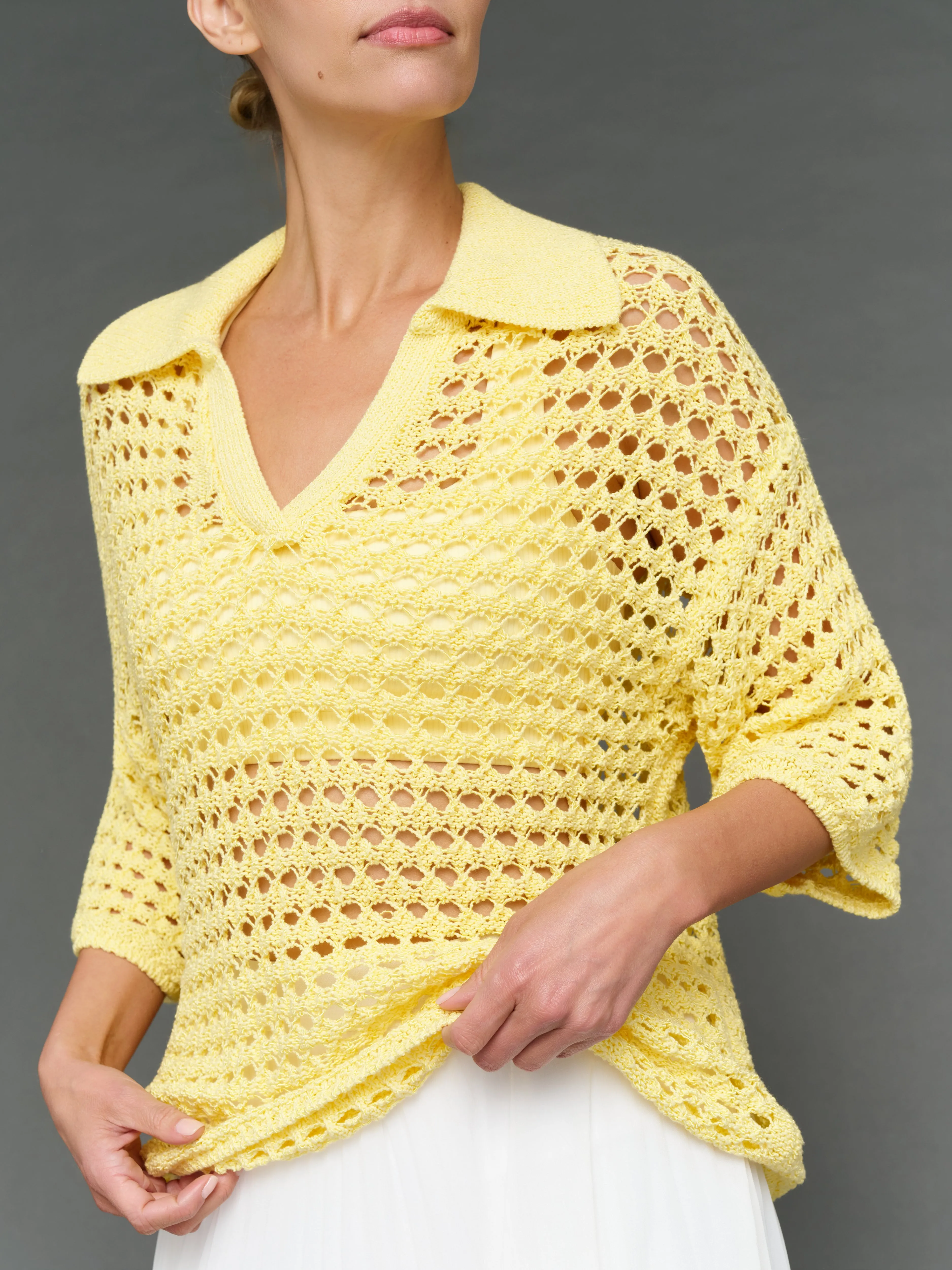 Open Knit Polo Sweater - Pale Banana sold by Carbon38 product image thumbnail 3