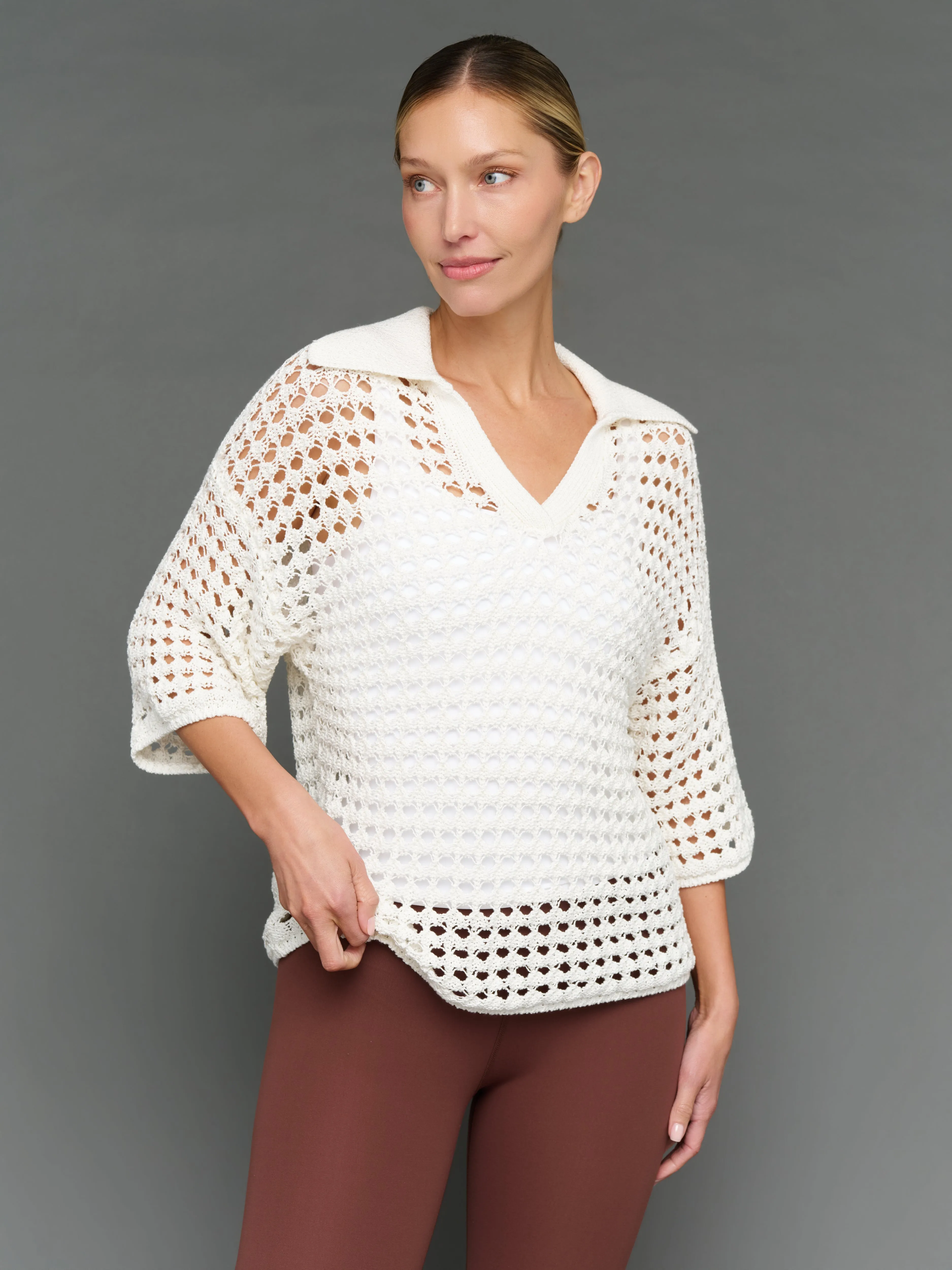 Open Knit Polo Sweater - White sold by Carbon38 product image thumbnail 4