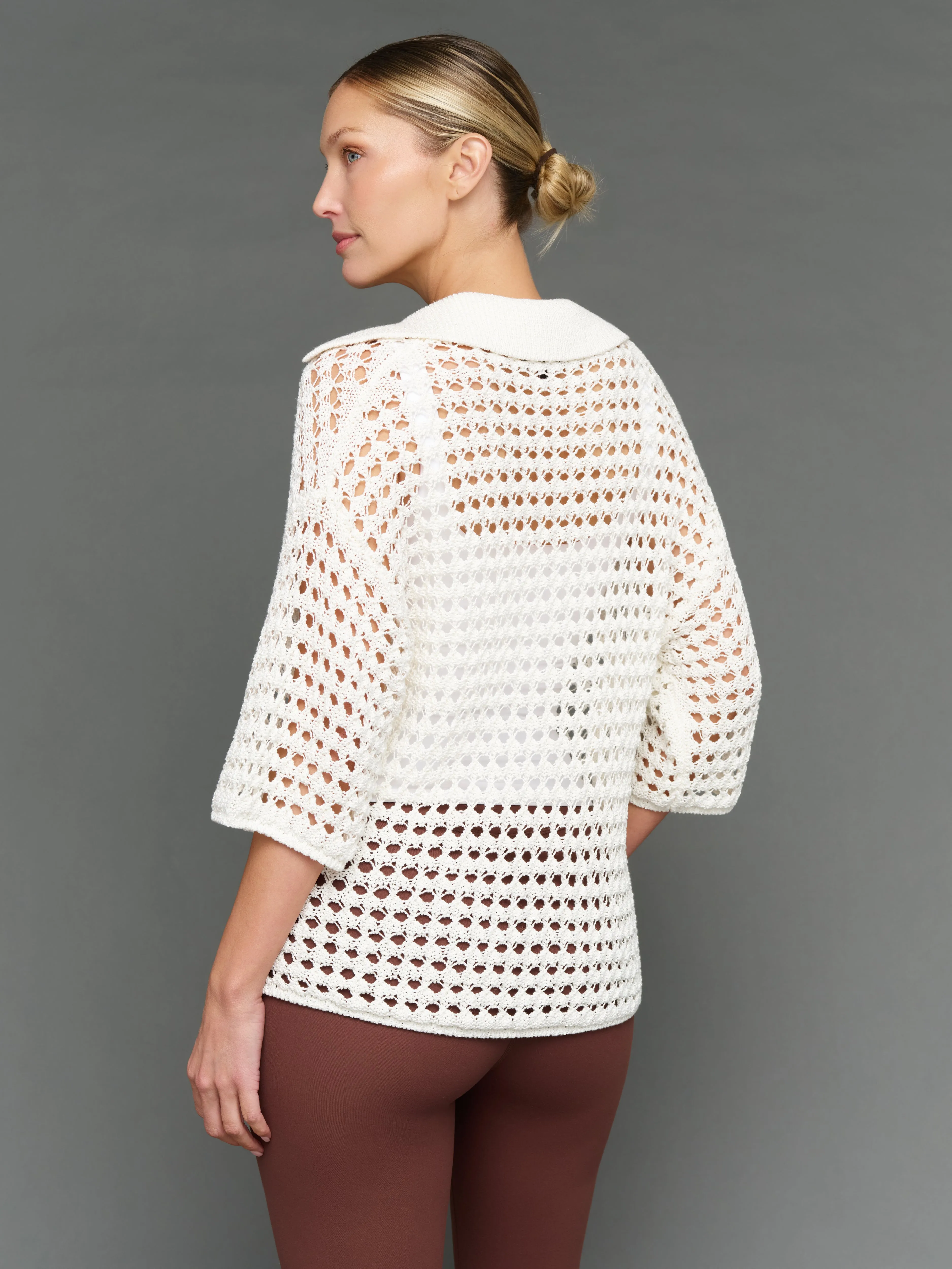 Open Knit Polo Sweater - White sold by Carbon38 product image thumbnail 5