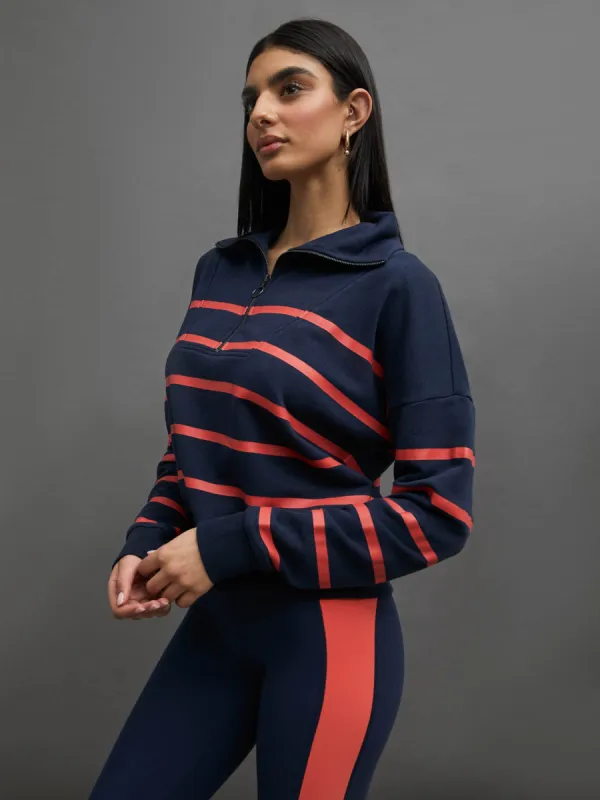 BRETON STRIPE FRENCH TERRY 1/2 ZIP -  NAVY/ CAYENNE sold by Carbon38