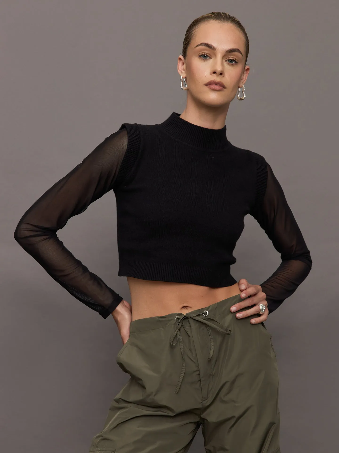 Nomai Sheer Sleeve Mock Neck Sweater - Black sold by Carbon38