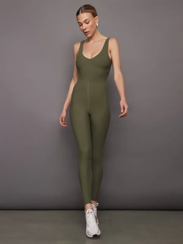 V-Neck Jumpsuit in Melt - Olive made by Carbon38