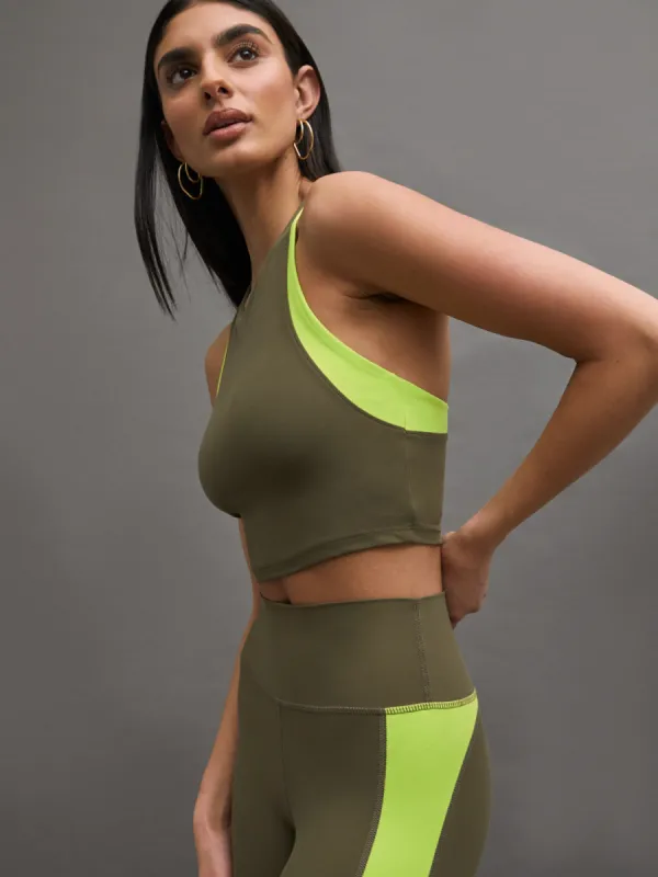 COLORBLOCK HIGH NECK BRA - IVY GREEN/ ACID LIME sold by Carbon38