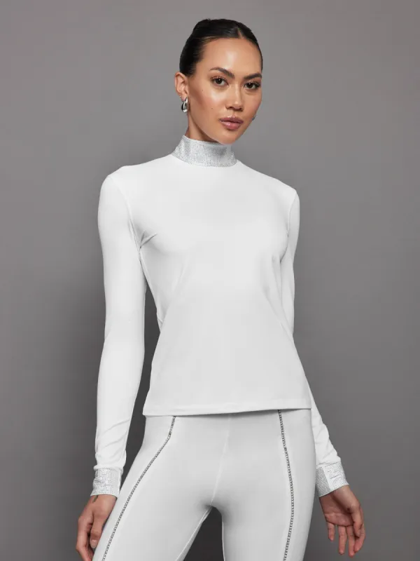 Long Sleeve Mock Neck Rhinestone Top - White sold by Carbon38