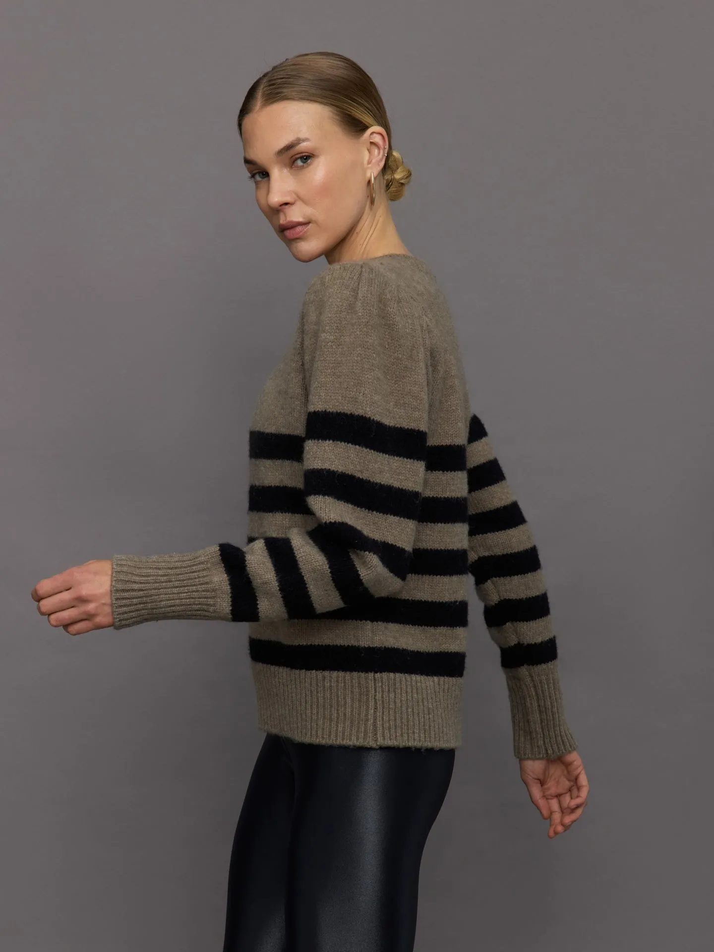Striped Puff Sleeve Sweater - Stone/ Black sold by Carbon38 product image thumbnail 4