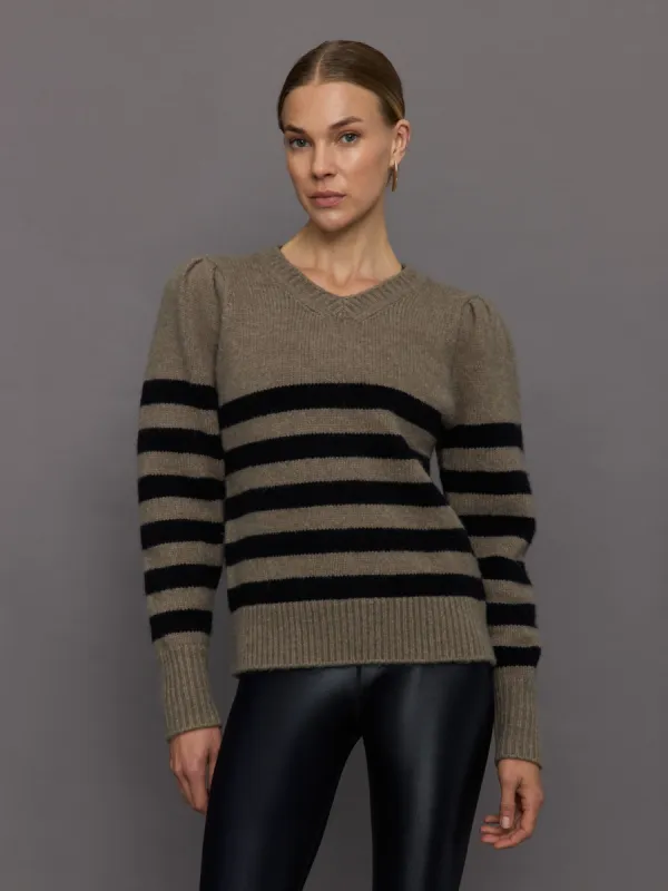 Striped Puff Sleeve Sweater - Stone/ Black sold by Carbon38