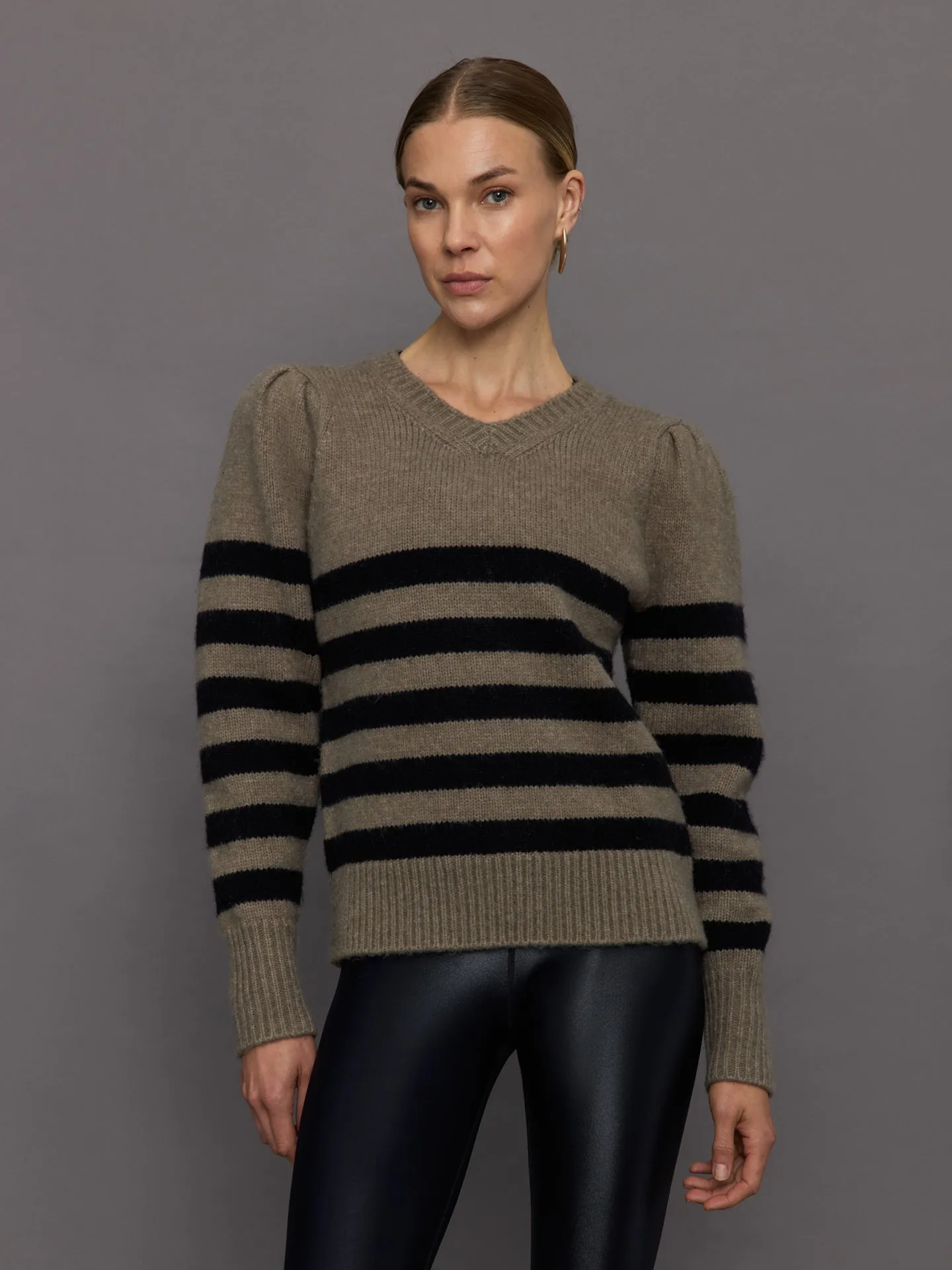 Striped Puff Sleeve Sweater - Stone/ Black sold by Carbon38