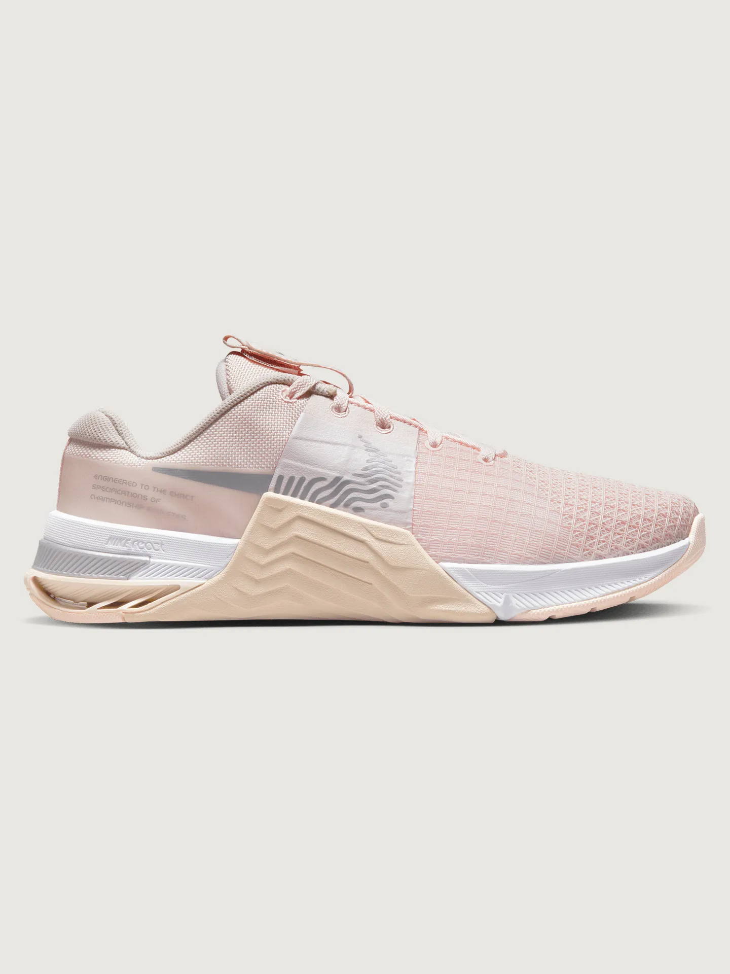 WMNS NIKE METCON 8 - LIGHT SOFT PINK/METALLIC SILVER sold by Carbon38