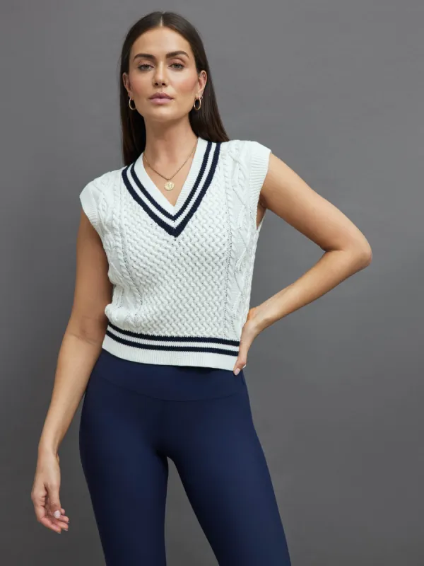 STRIPED CROPPED SWEATER VEST - IVORY W/ NAVY sold by Carbon38