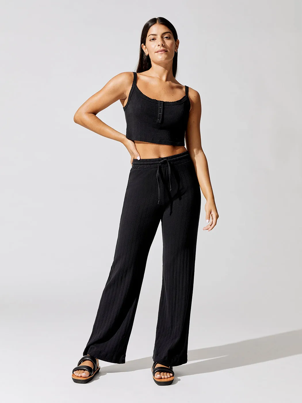 Pointelle Crop Button Scoop Neck Tank - Black sold by Carbon38 product image thumbnail 2