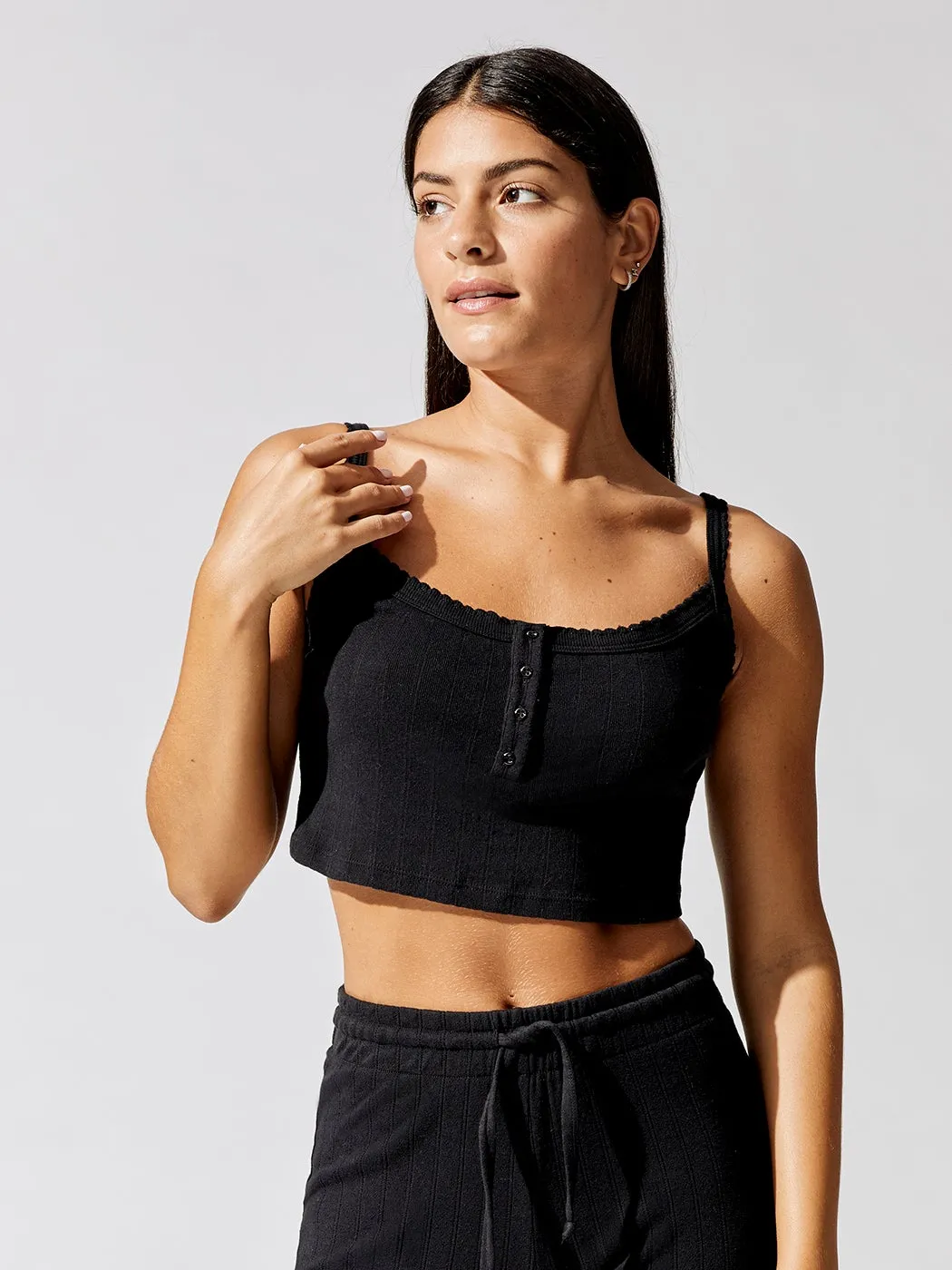 Pointelle Crop Button Scoop Neck Tank - Black sold by Carbon38