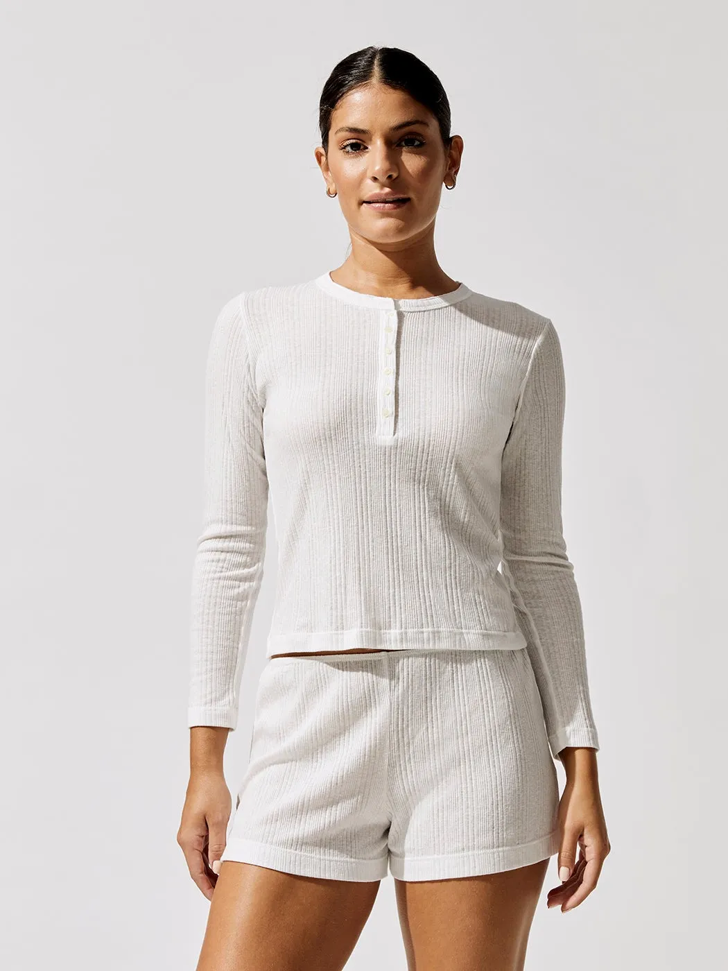 Mari Long Sleeve Henley - White sold by Carbon38