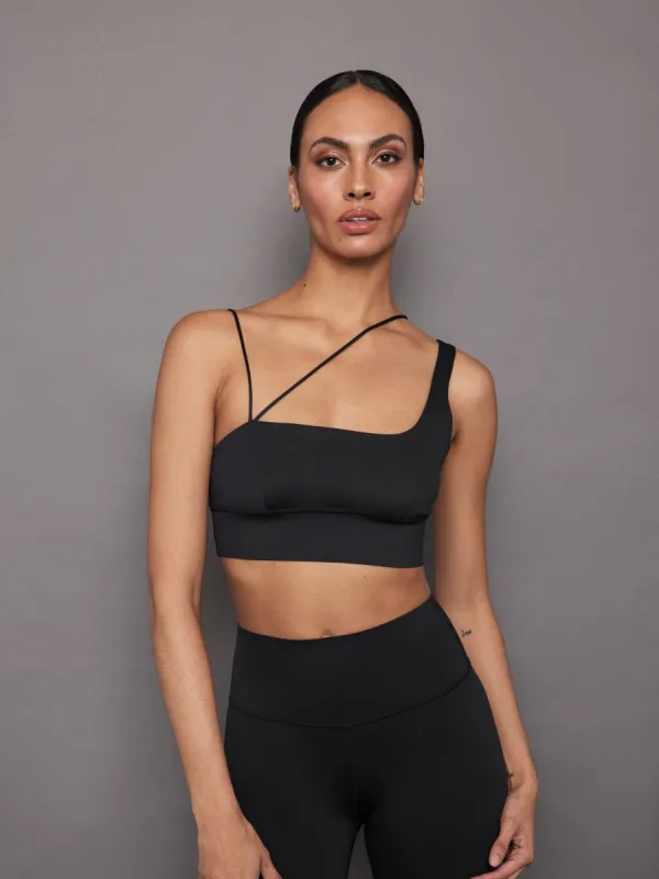 Asymmetrical Strappy Bra in Diamond Compression - Black sold by Carbon38