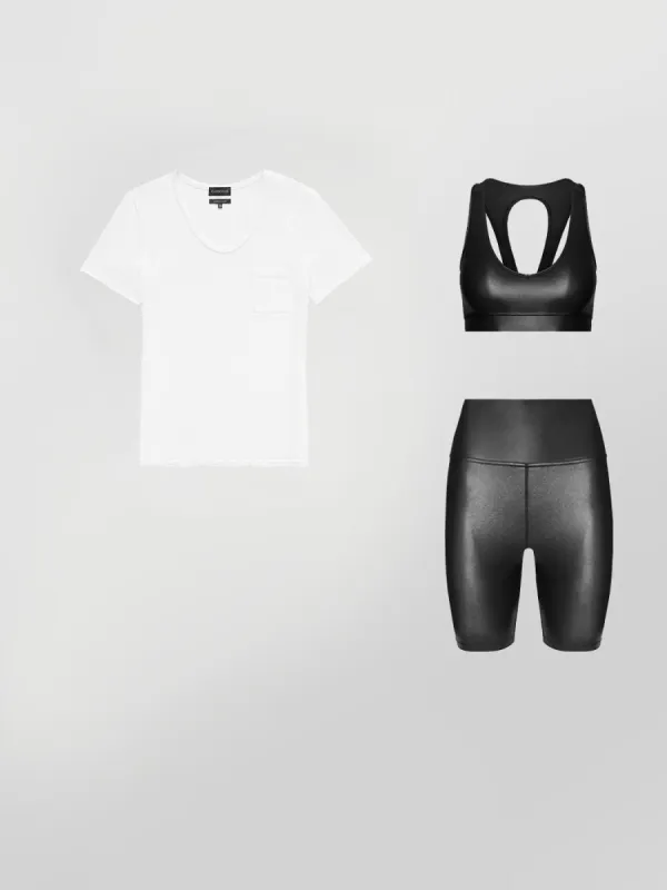 POCKET TEE + ACTION BRA 2.0 + HIGH RISE BIKER SHORT IN TAKARA SHINE BUNDLE sold by Carbon38